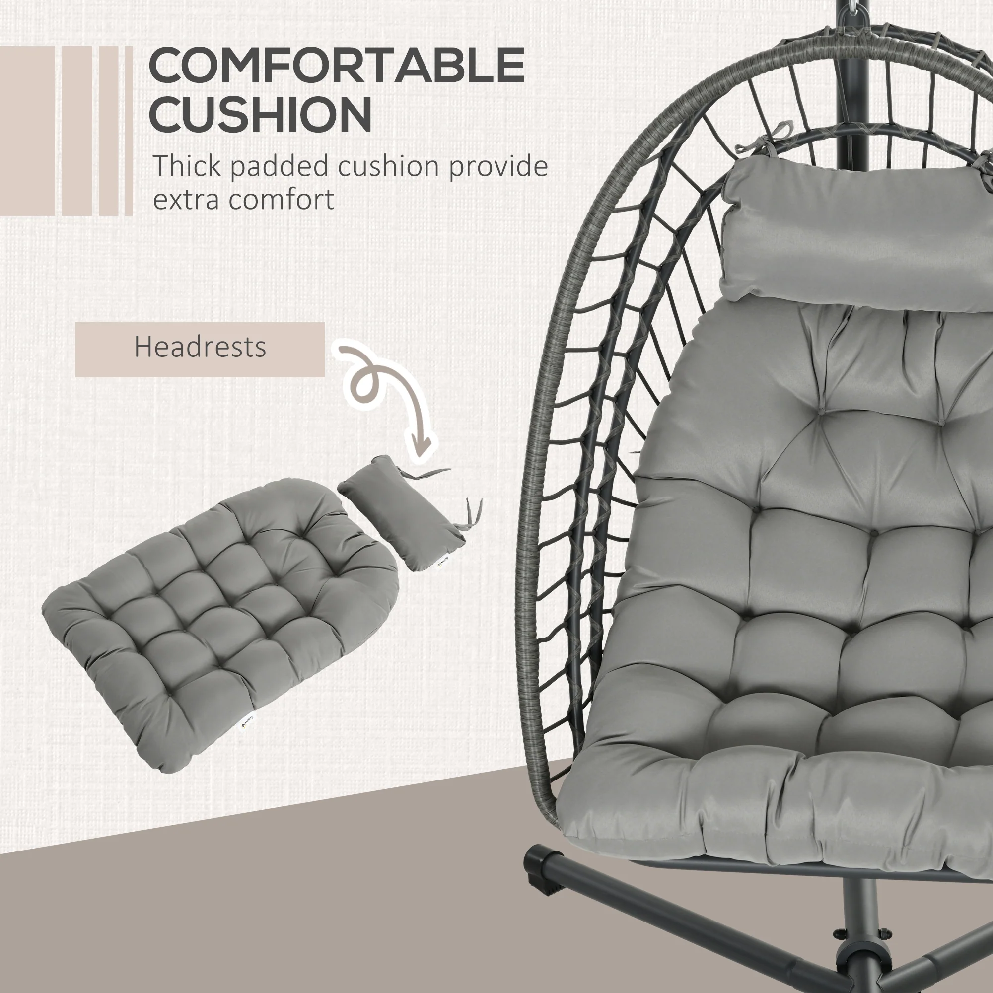 Outsunny PE Hanging Swing Chair w/ Thick Cushion, Patio Hanging Chair, Grey - Image 6