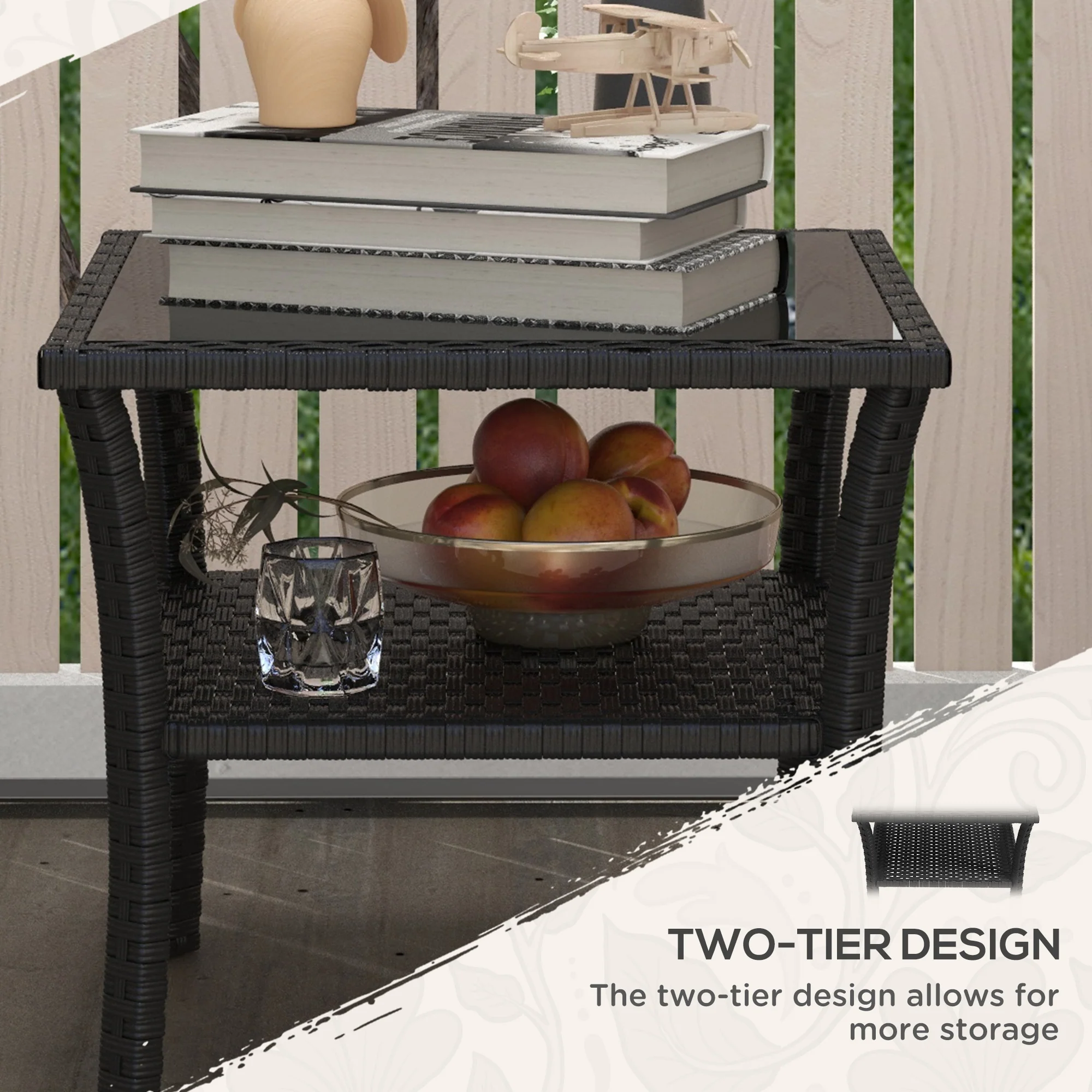 Outsunny PE Rattan Coffee Table, Two-tier Side Table with Glass Top, Black - Image 4