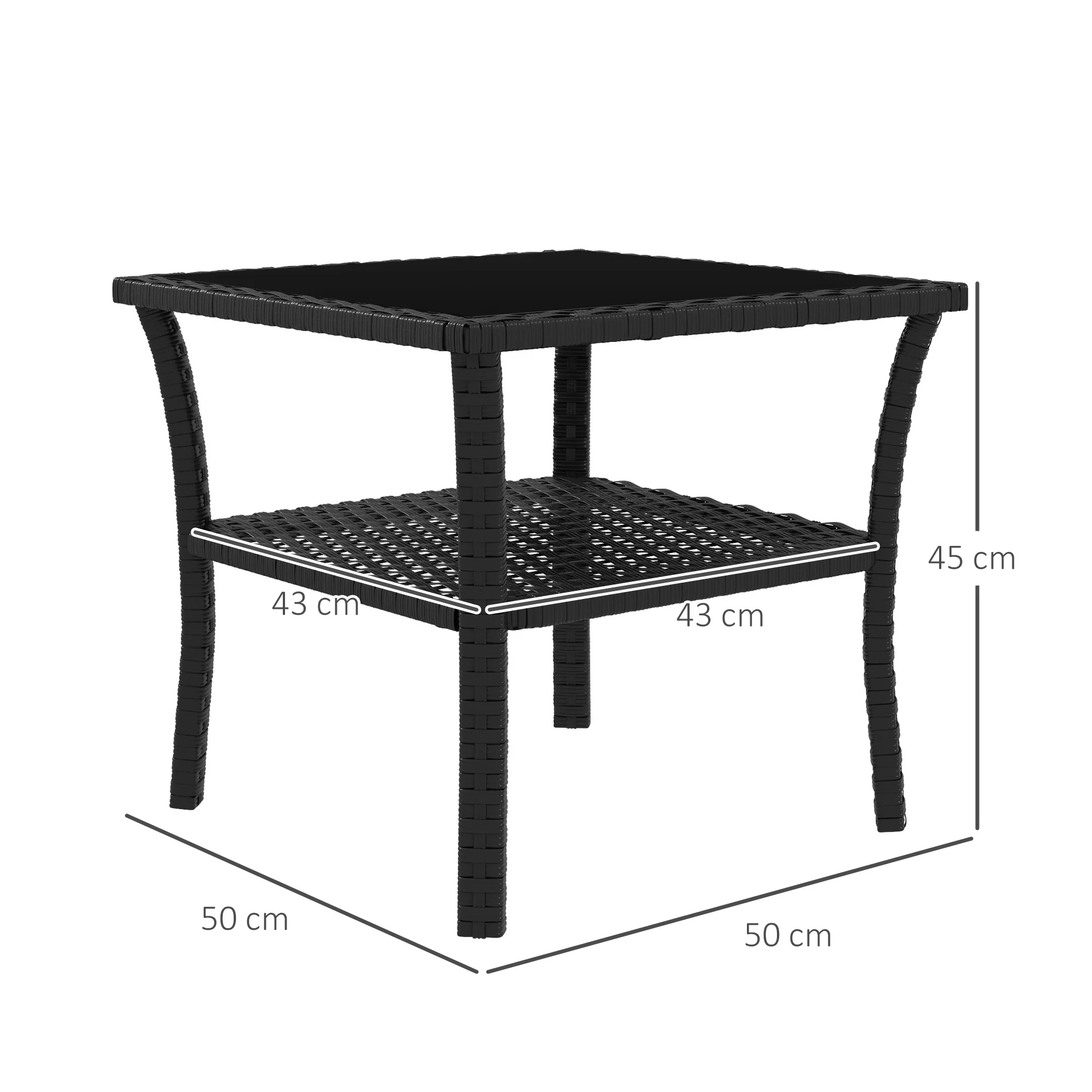 Outsunny PE Rattan Coffee Table, Two-tier Side Table with Glass Top, Black - Image 5