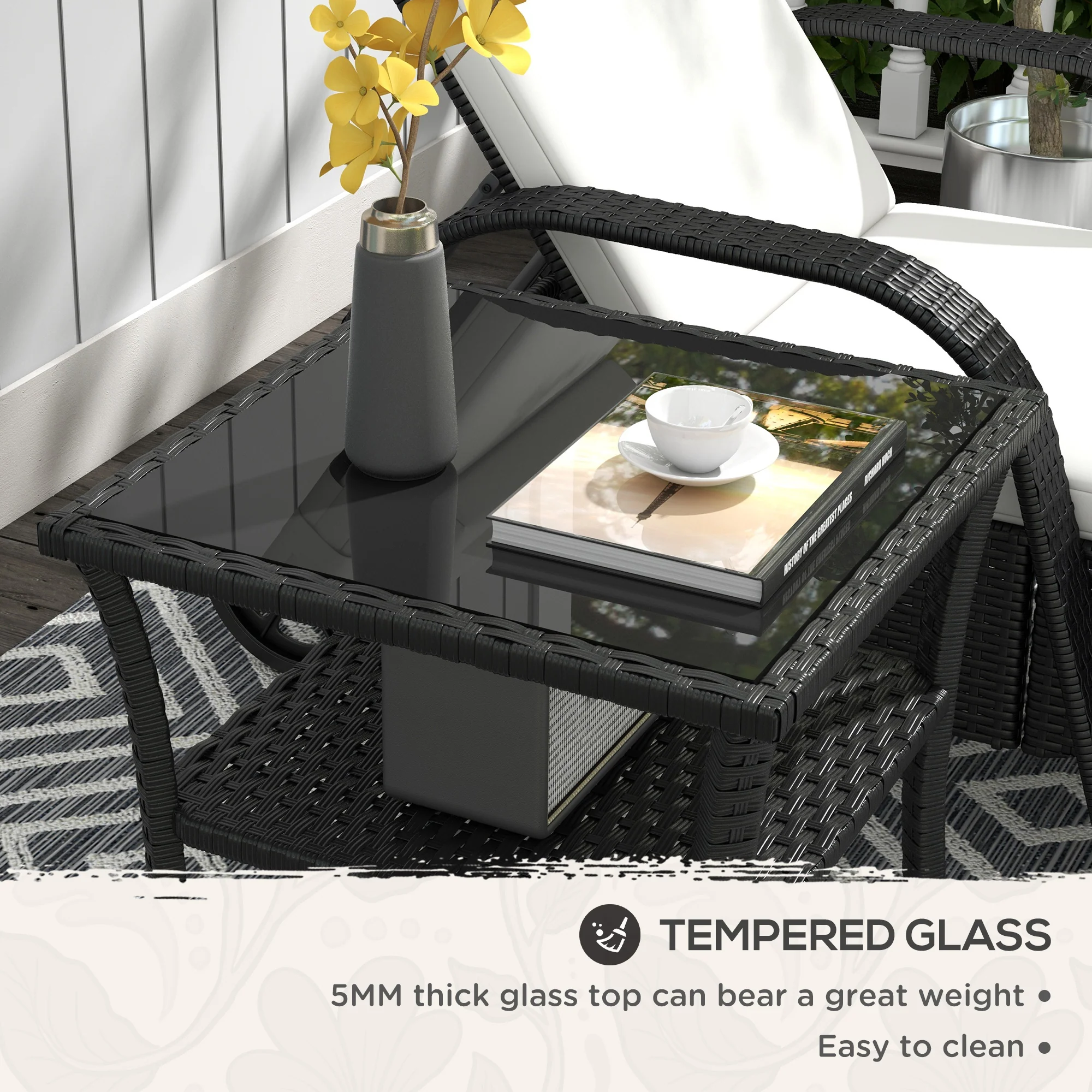 Outsunny PE Rattan Coffee Table, Two-tier Side Table with Glass Top, Black - Image 6
