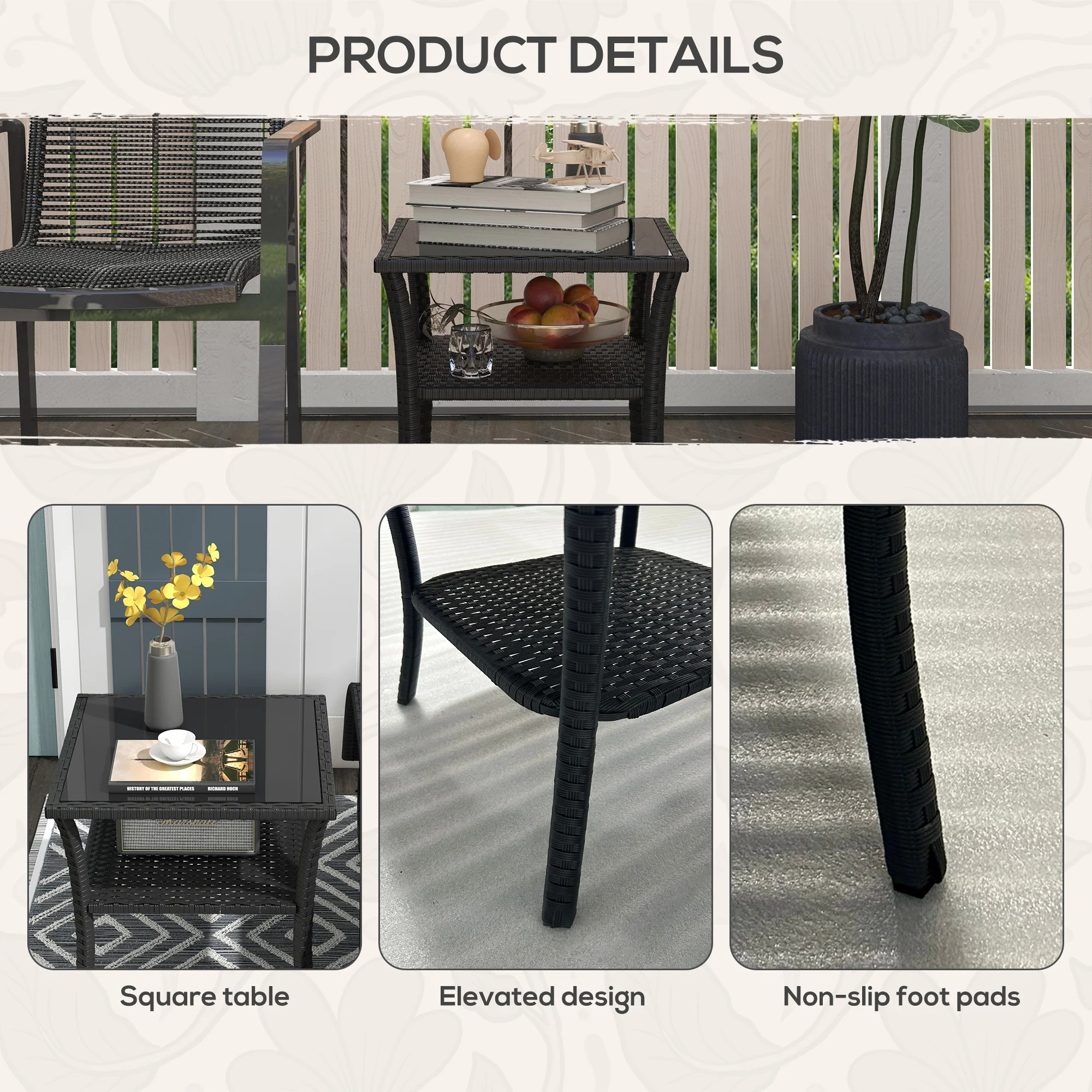 Outsunny PE Rattan Coffee Table, Two-tier Side Table with Glass Top, Black - Image 7