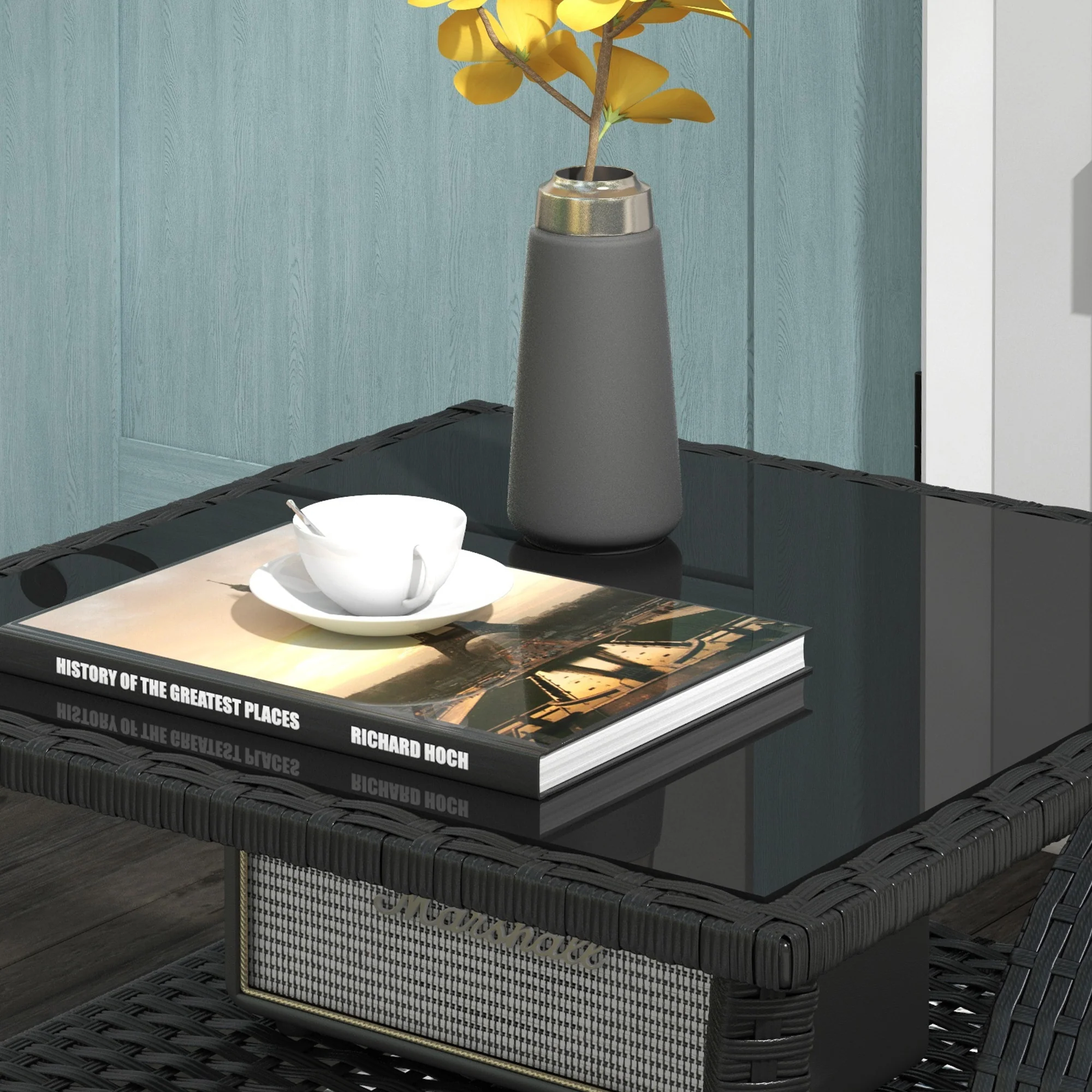 Outsunny PE Rattan Coffee Table, Two-tier Side Table with Glass Top, Black - Image 8