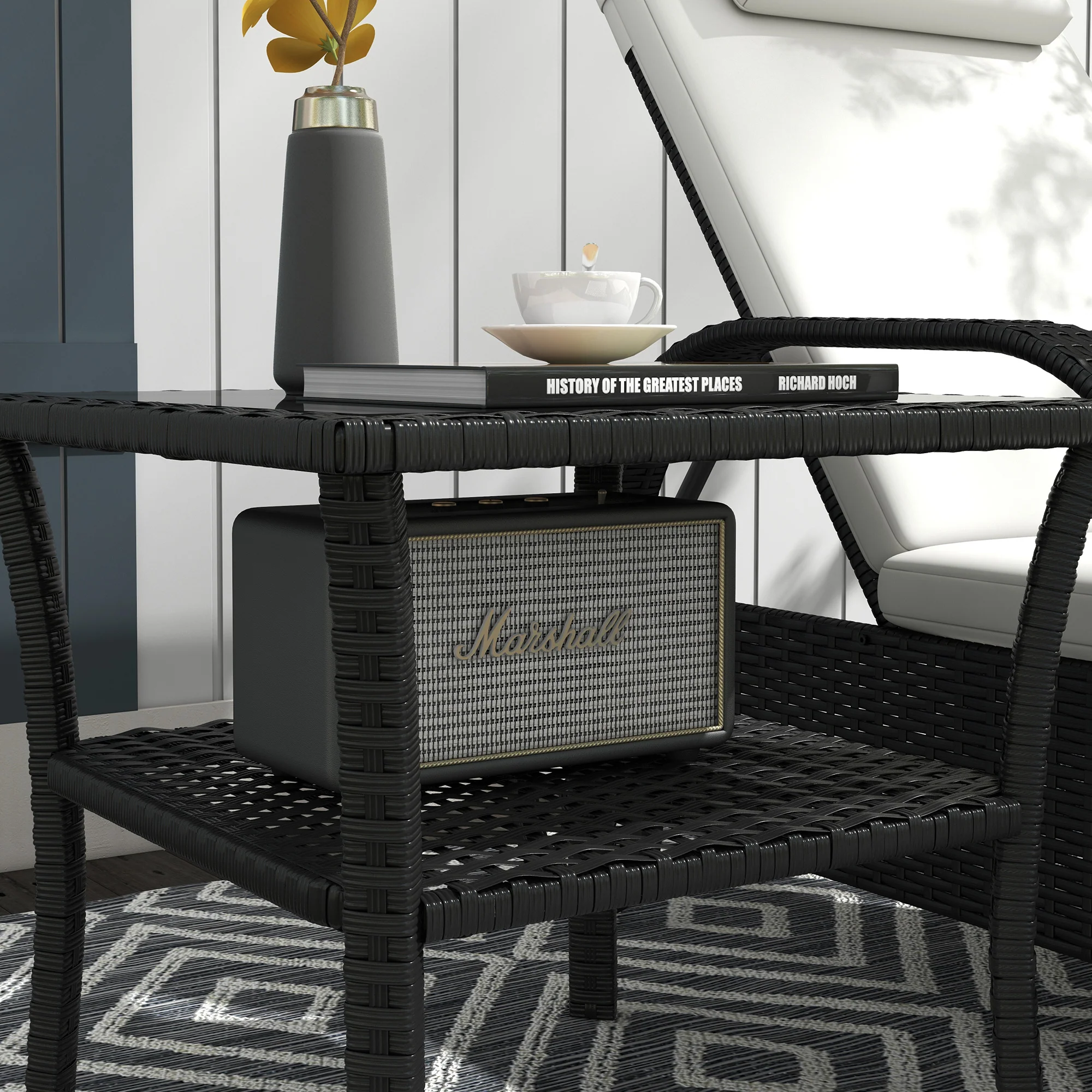 Outsunny PE Rattan Coffee Table, Two-tier Side Table with Glass Top, Black - Image 9