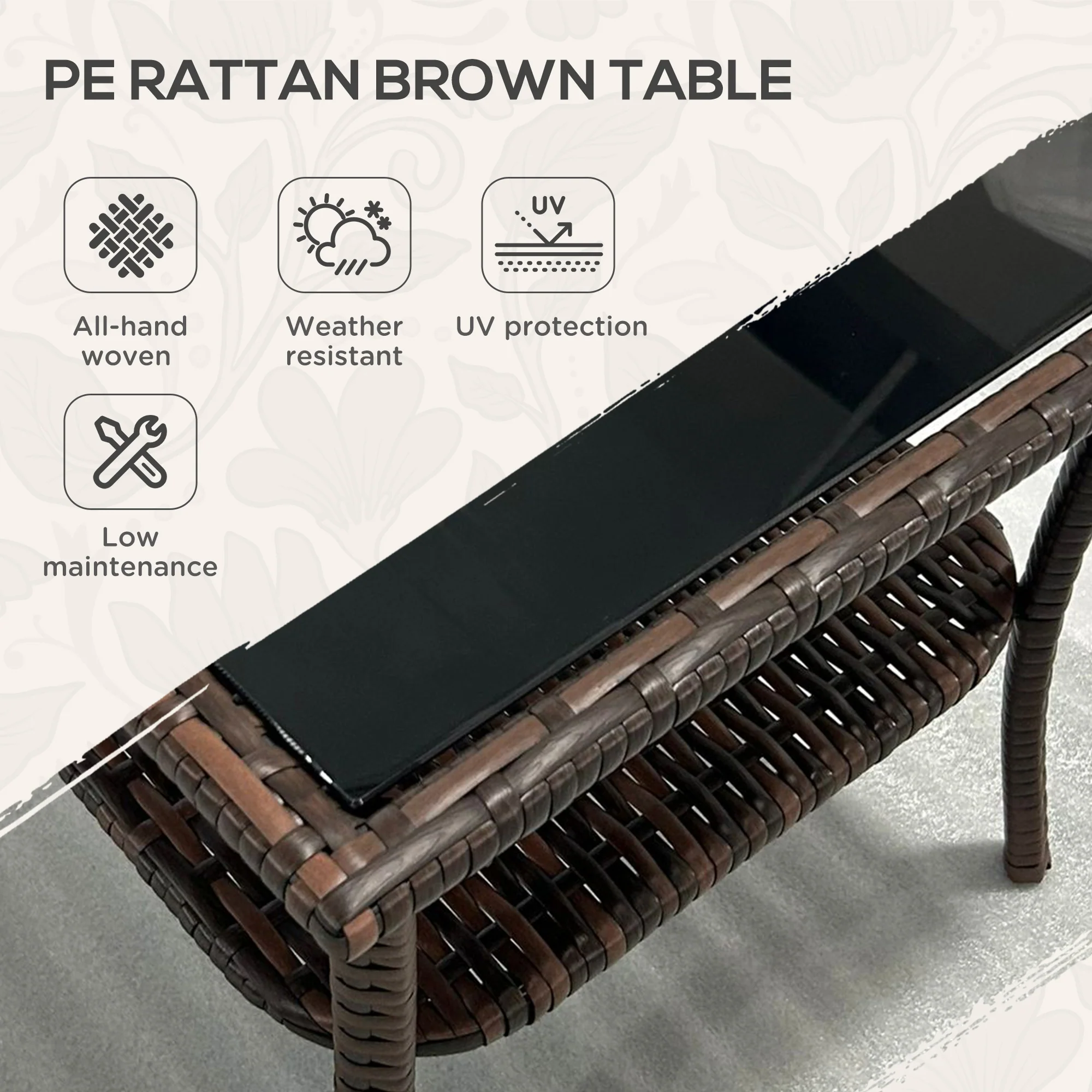 Outsunny PE Rattan Coffee Table, Two-tier Side Table with Glass Top, Brown - Image 3