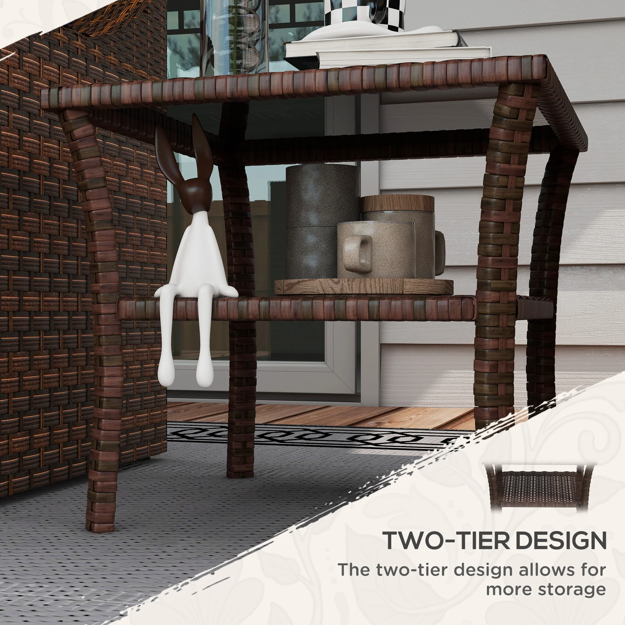 Outsunny PE Rattan Coffee Table, Two-tier Side Table with Glass Top, Brown - Image 4
