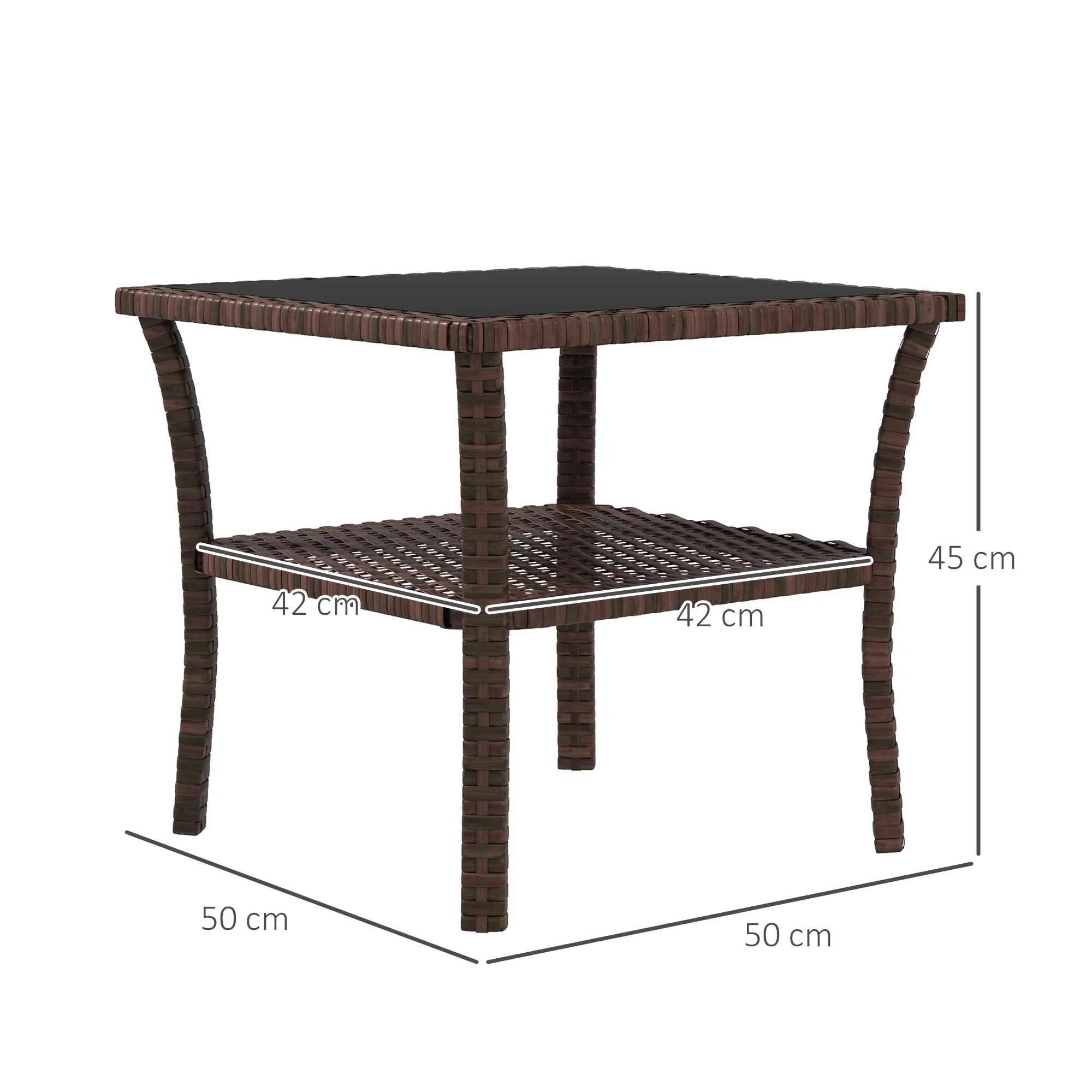 Outsunny PE Rattan Coffee Table, Two-tier Side Table with Glass Top, Brown - Image 5