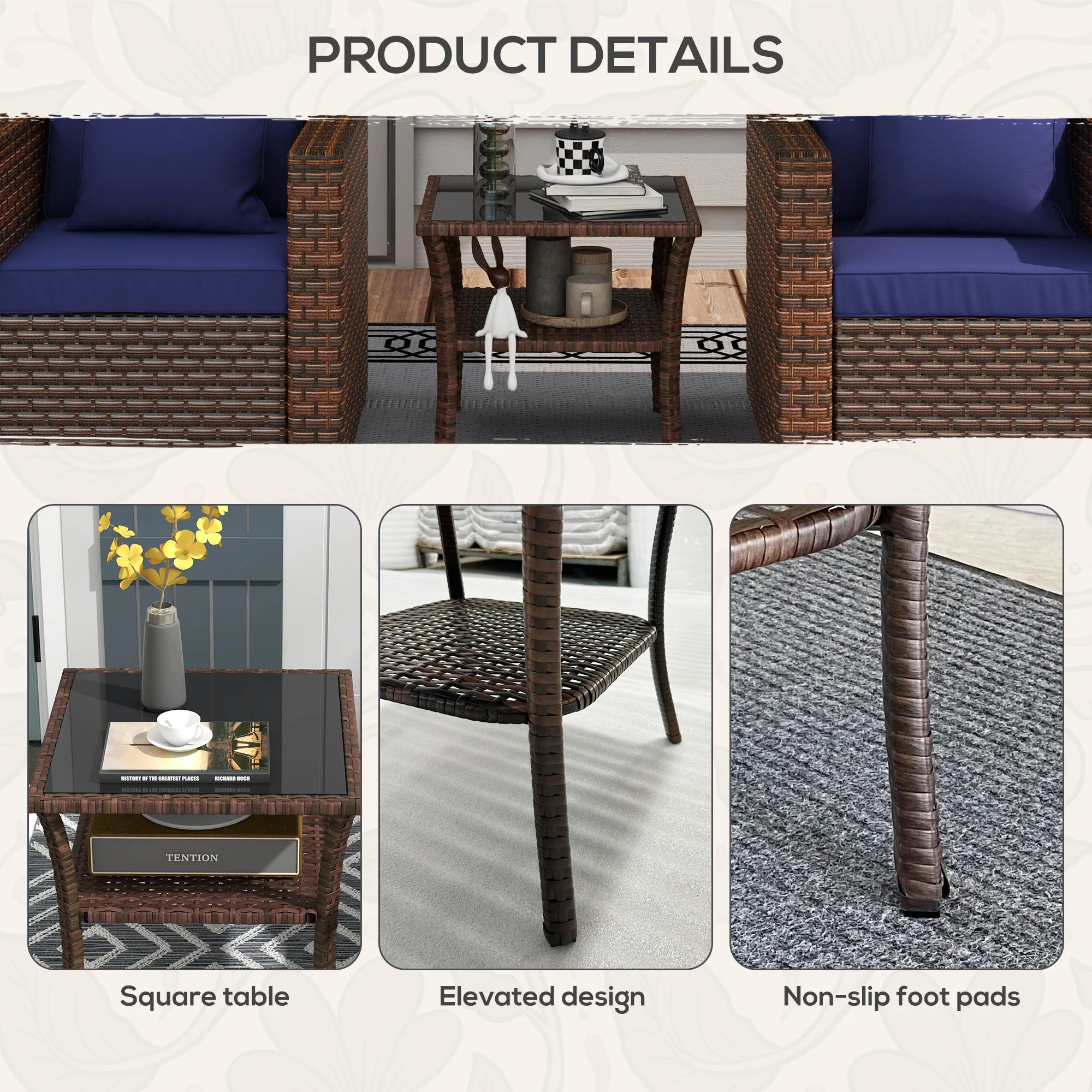 Outsunny PE Rattan Coffee Table, Two-tier Side Table with Glass Top, Brown - Image 7