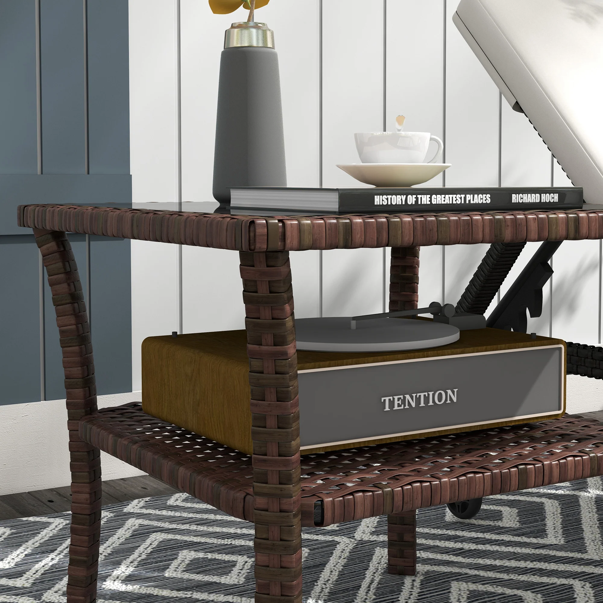 Outsunny PE Rattan Coffee Table, Two-tier Side Table with Glass Top, Brown - Image 9