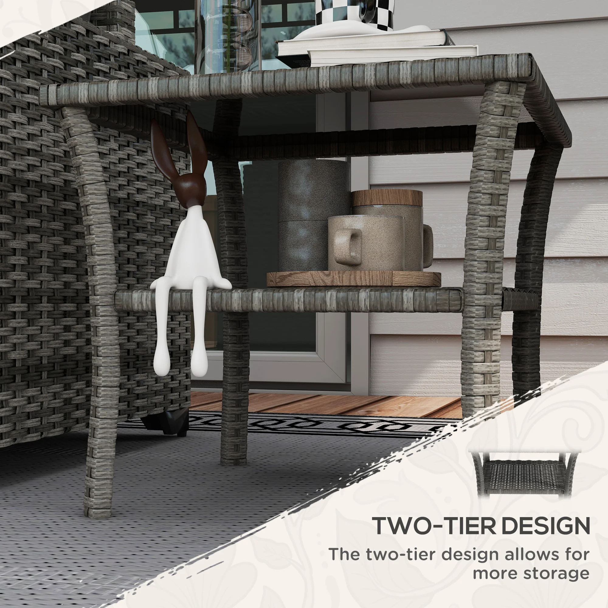Outsunny PE Rattan Coffee Table, Two-tier Side Table with Glass Top, Grey - Image 4