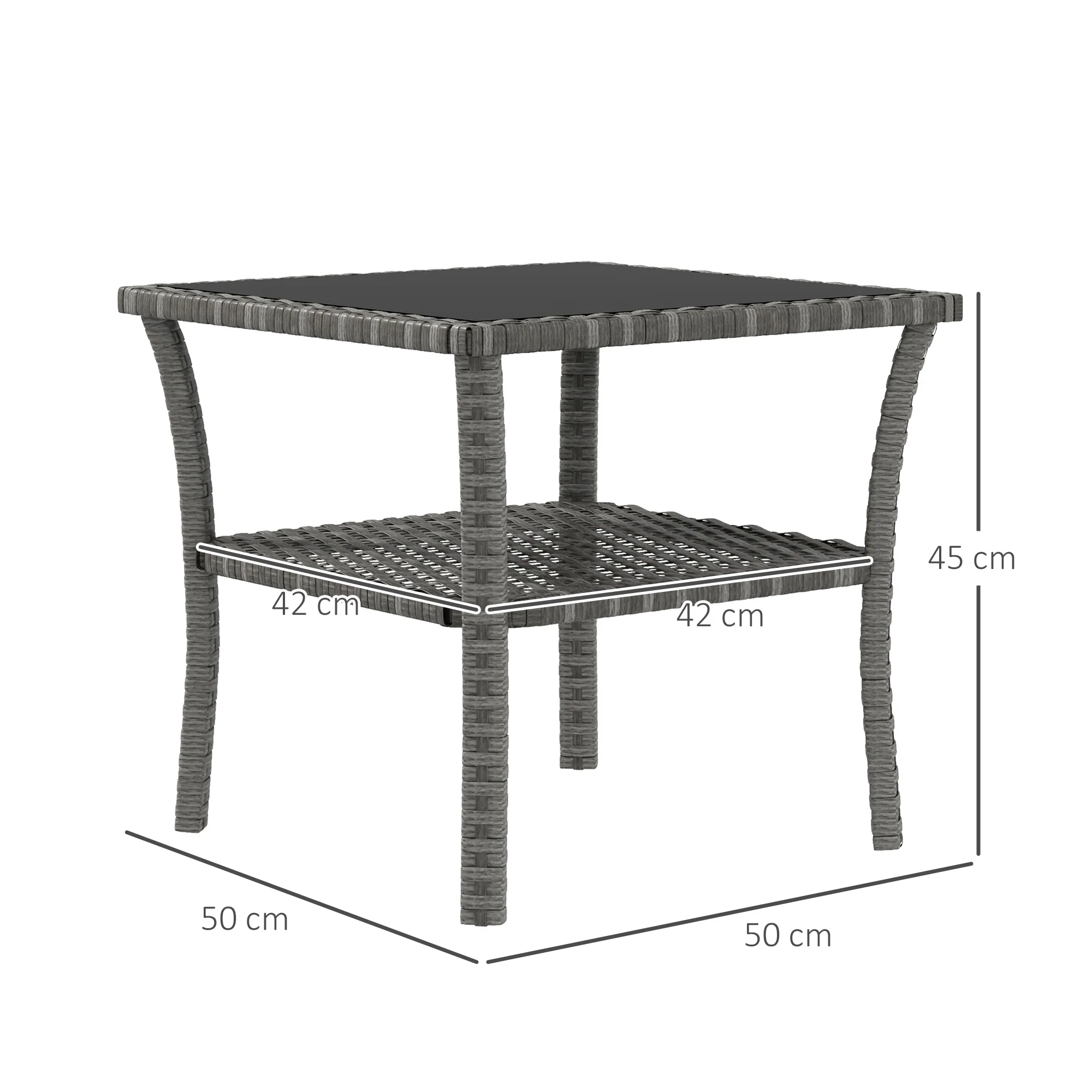 Outsunny PE Rattan Coffee Table, Two-tier Side Table with Glass Top, Grey - Image 5