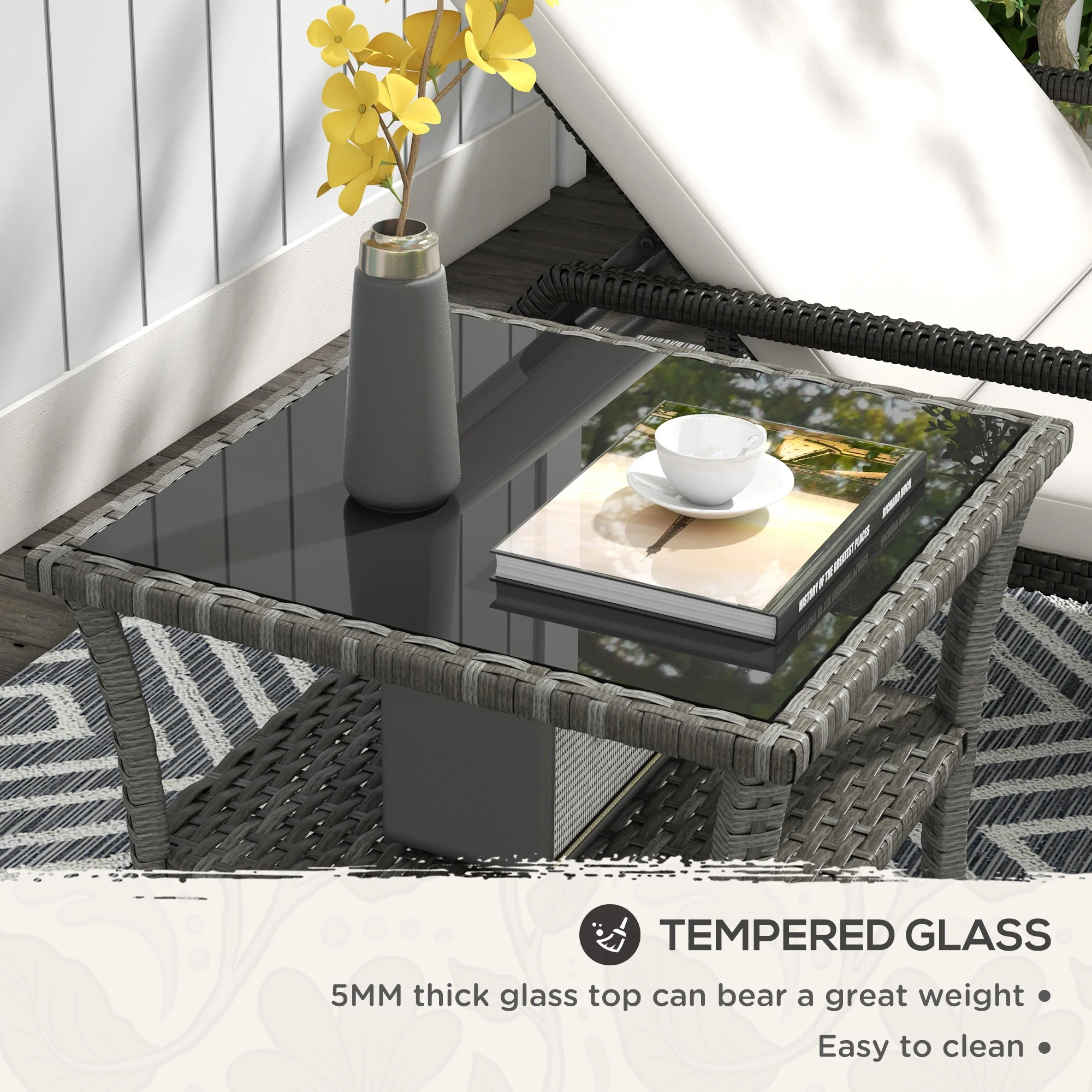 Outsunny PE Rattan Coffee Table, Two-tier Side Table with Glass Top, Grey - Image 6