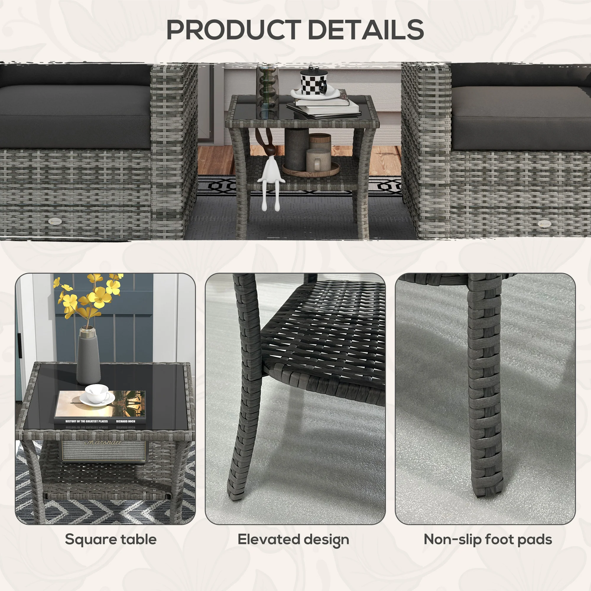Outsunny PE Rattan Coffee Table, Two-tier Side Table with Glass Top, Grey - Image 7