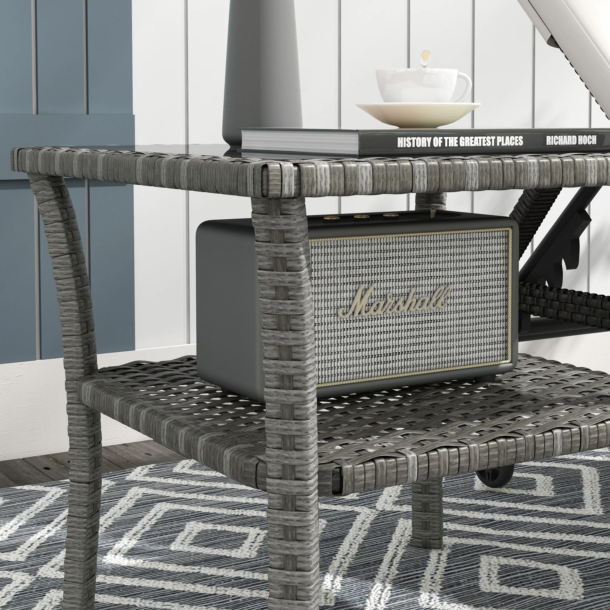 Outsunny PE Rattan Coffee Table, Two-tier Side Table with Glass Top, Grey - Image 8