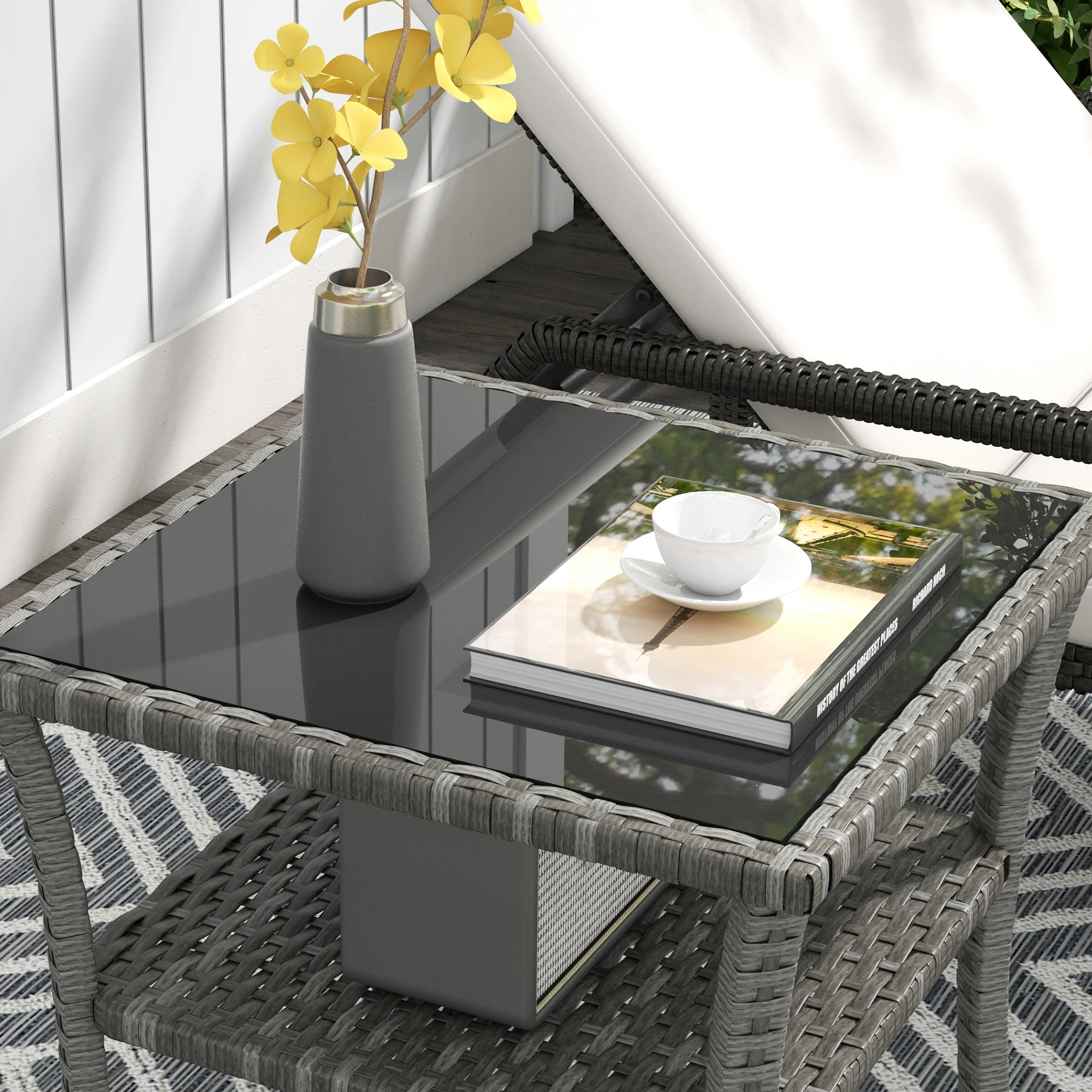 Outsunny PE Rattan Coffee Table, Two-tier Side Table with Glass Top, Grey - Image 9