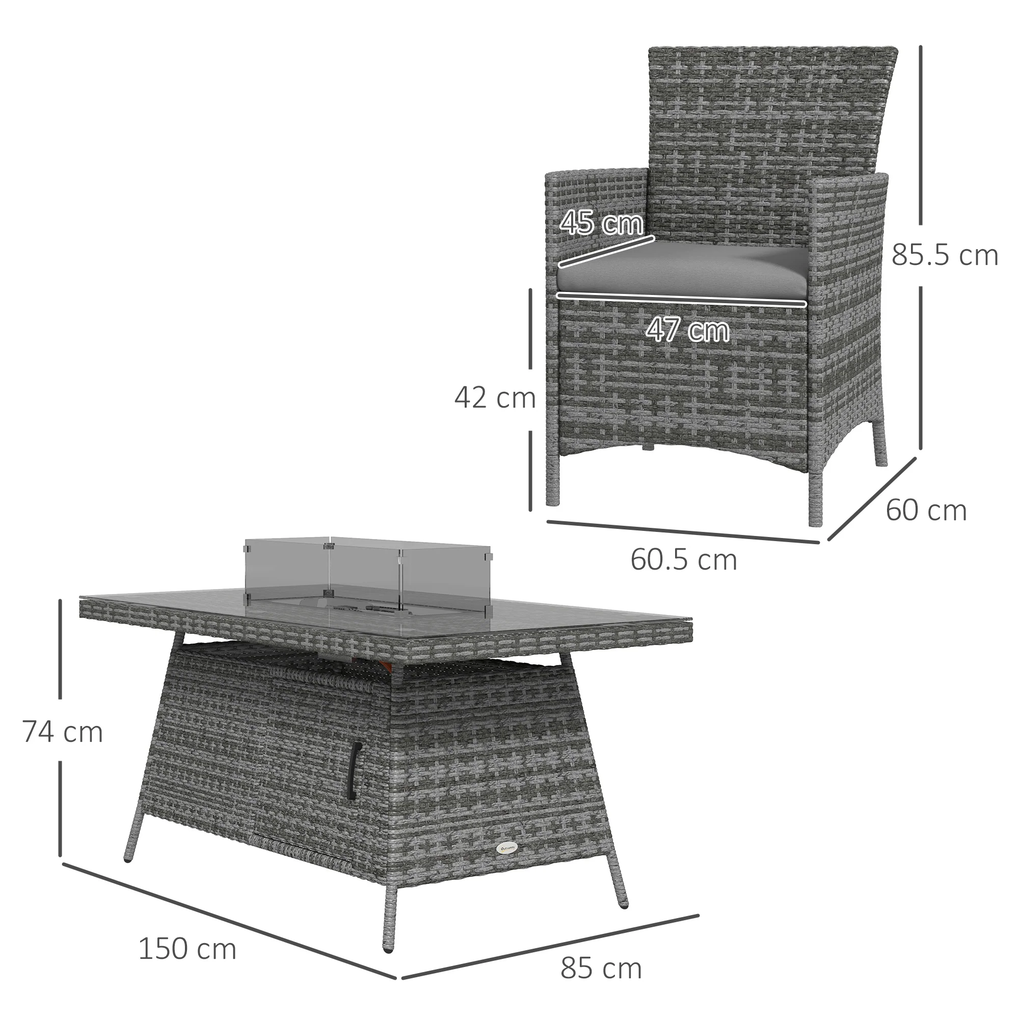 Outsunny PE Rattan Dining Set with Fire Pit Table and Cushioned Armchairs, Grey - Image 5