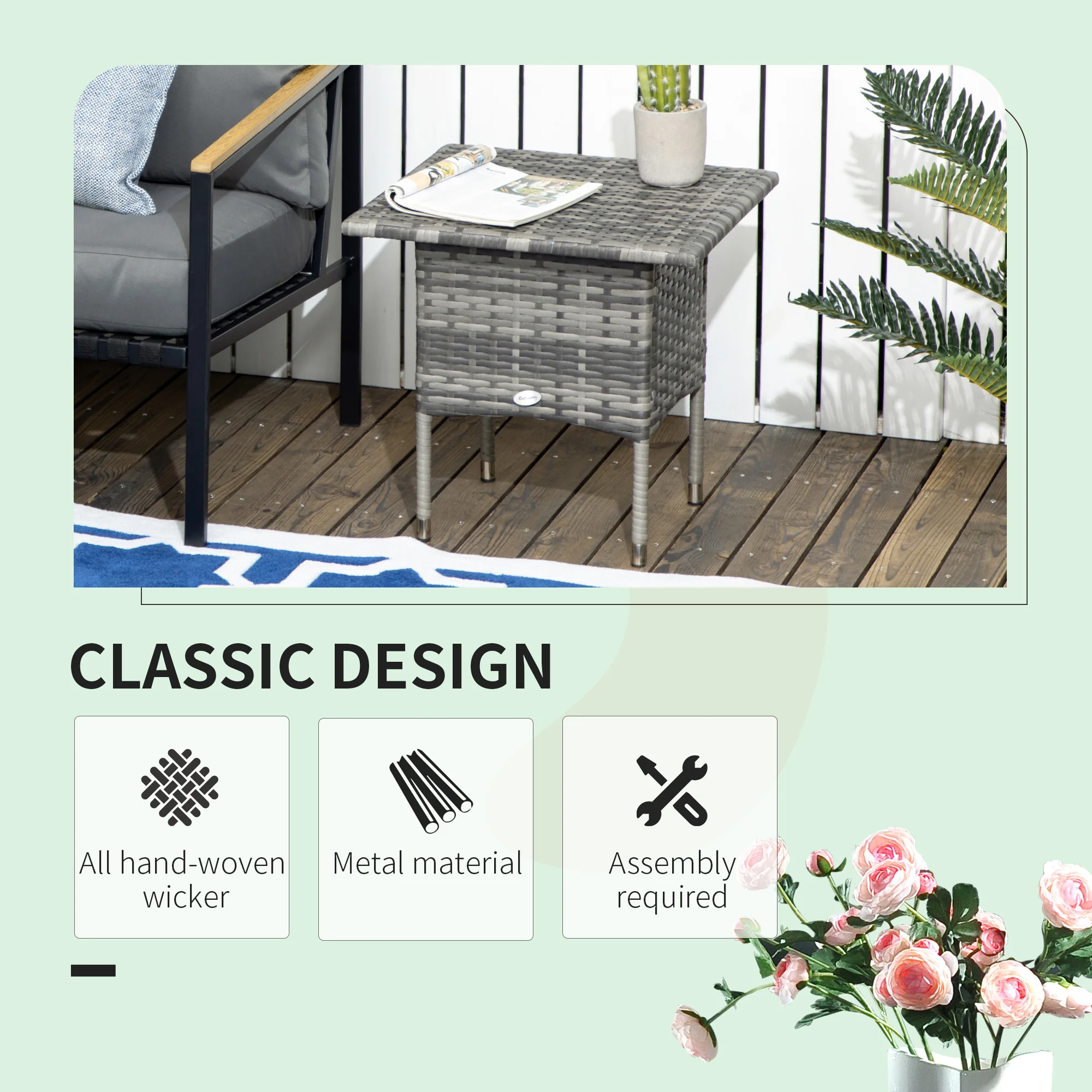 Outsunny PE Rattan Outdoor Coffee Table, Modern Rattan Side Table, Mixed Grey - Image 3