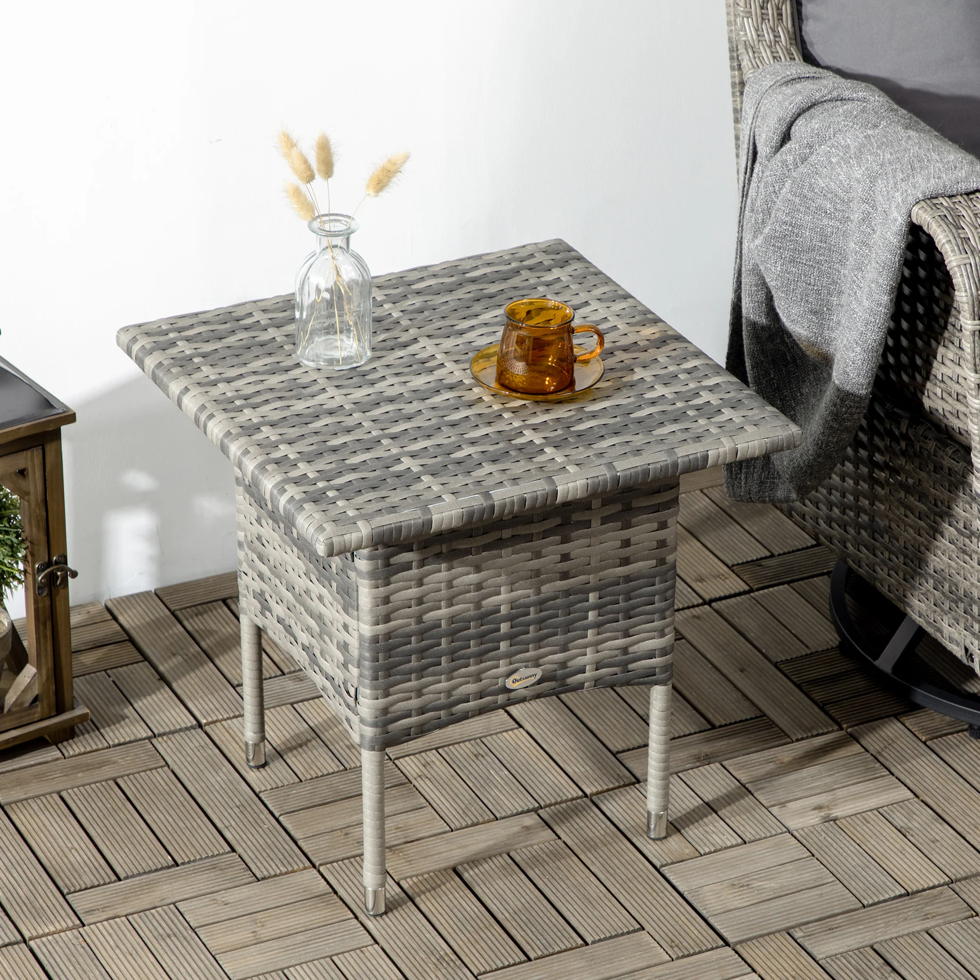 Outsunny PE Rattan Outdoor Coffee Table, Modern Rattan Side Table, Mixed Grey - Image 9