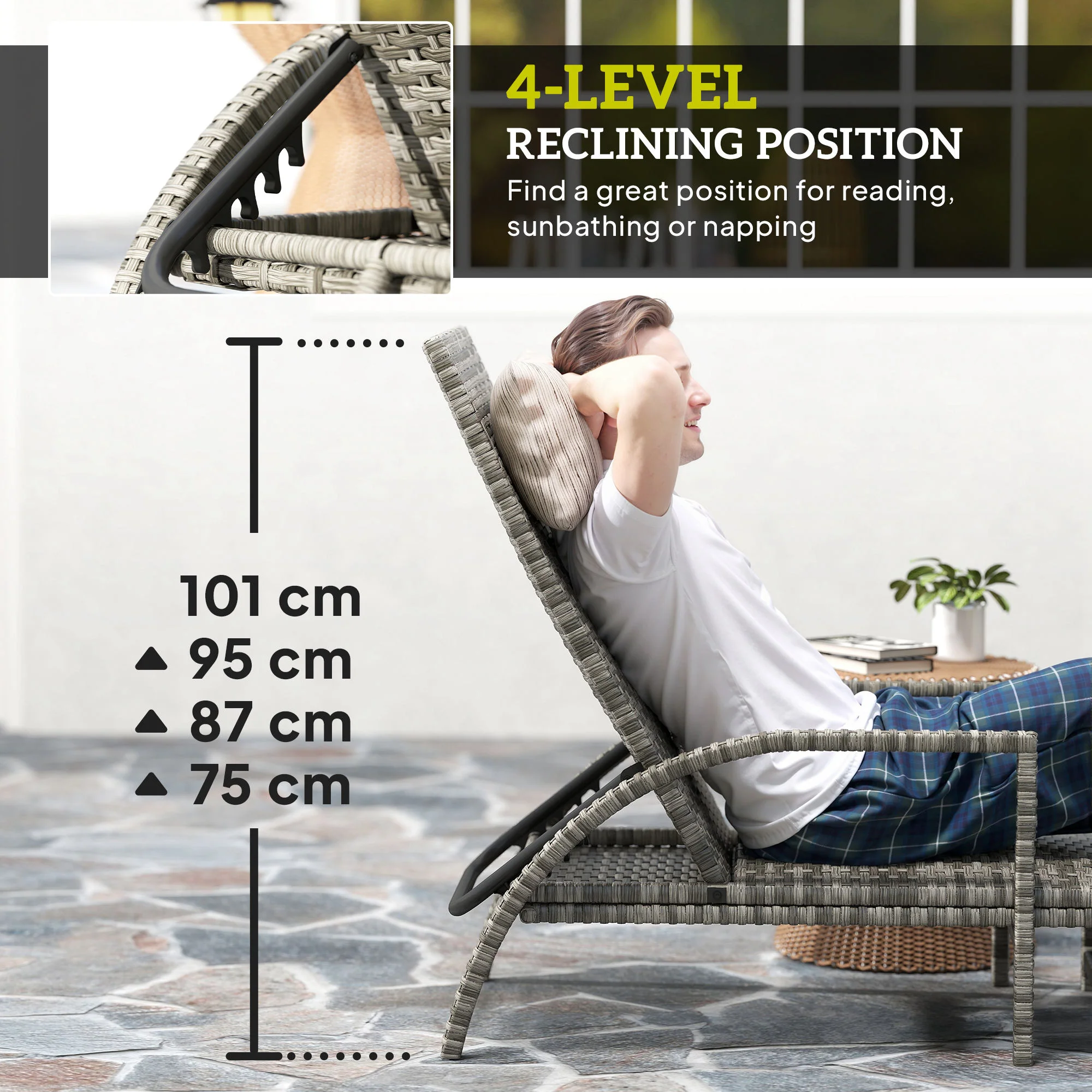 Outsunny PE Rattan Sun Lounger with 4-Level Adjustable Backrest - Image 3