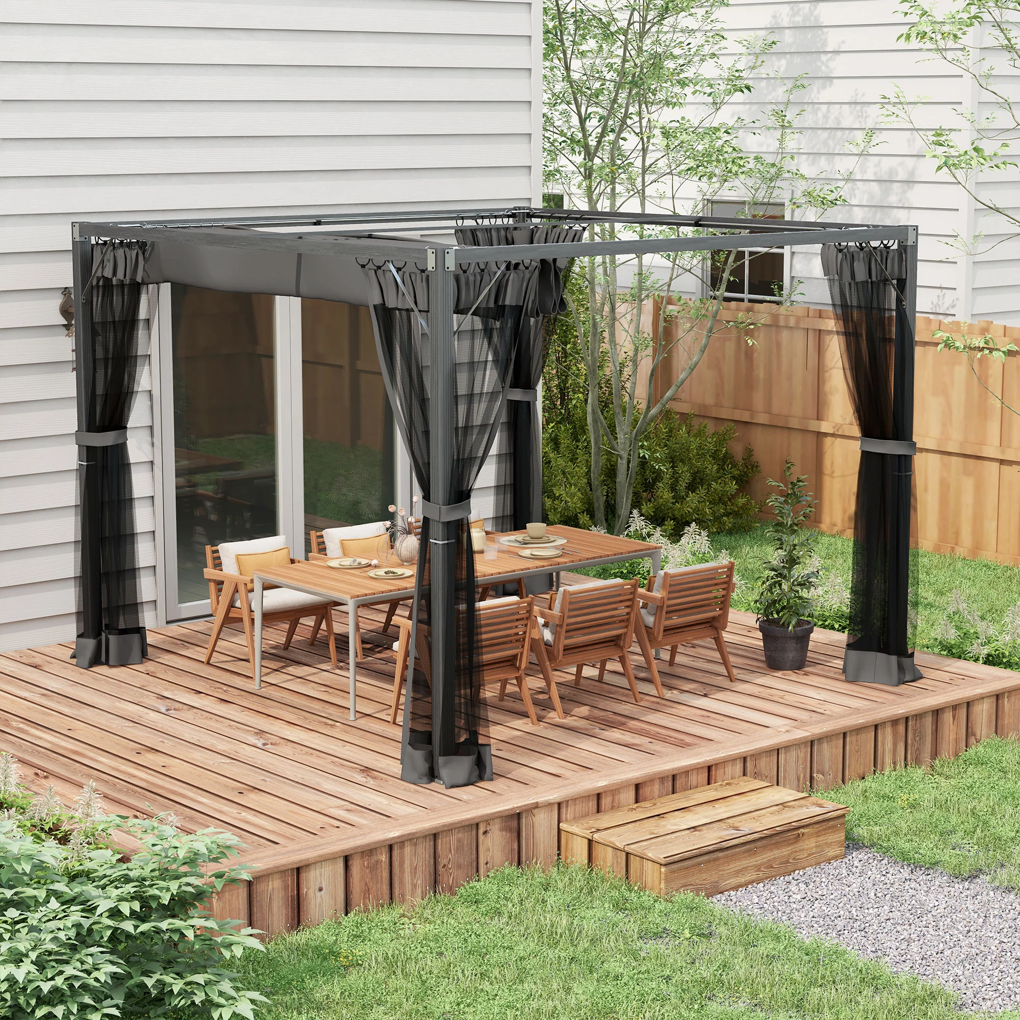 Outsunny Pergola With Retractable Roof And Netting, Dark Grey - Image 2
