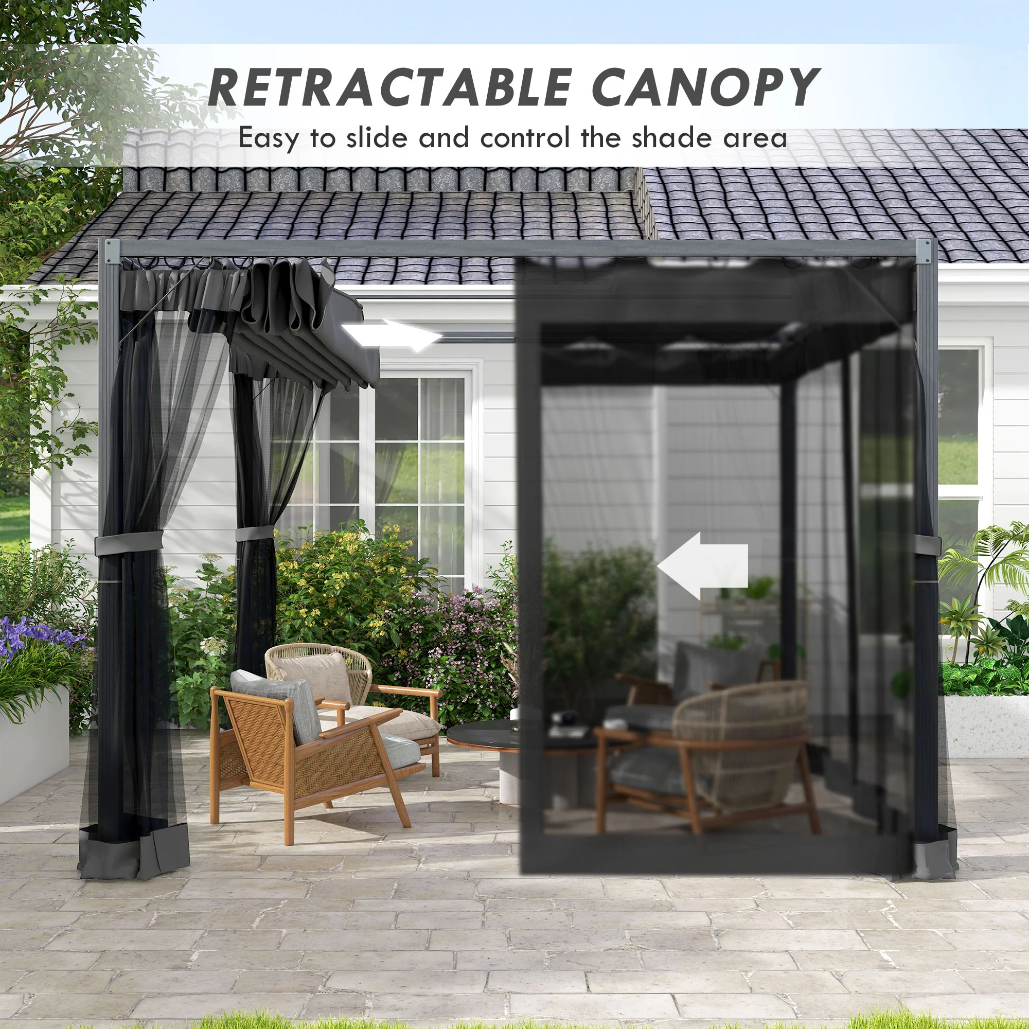 Outsunny Pergola With Retractable Roof And Netting, Dark Grey - Image 3