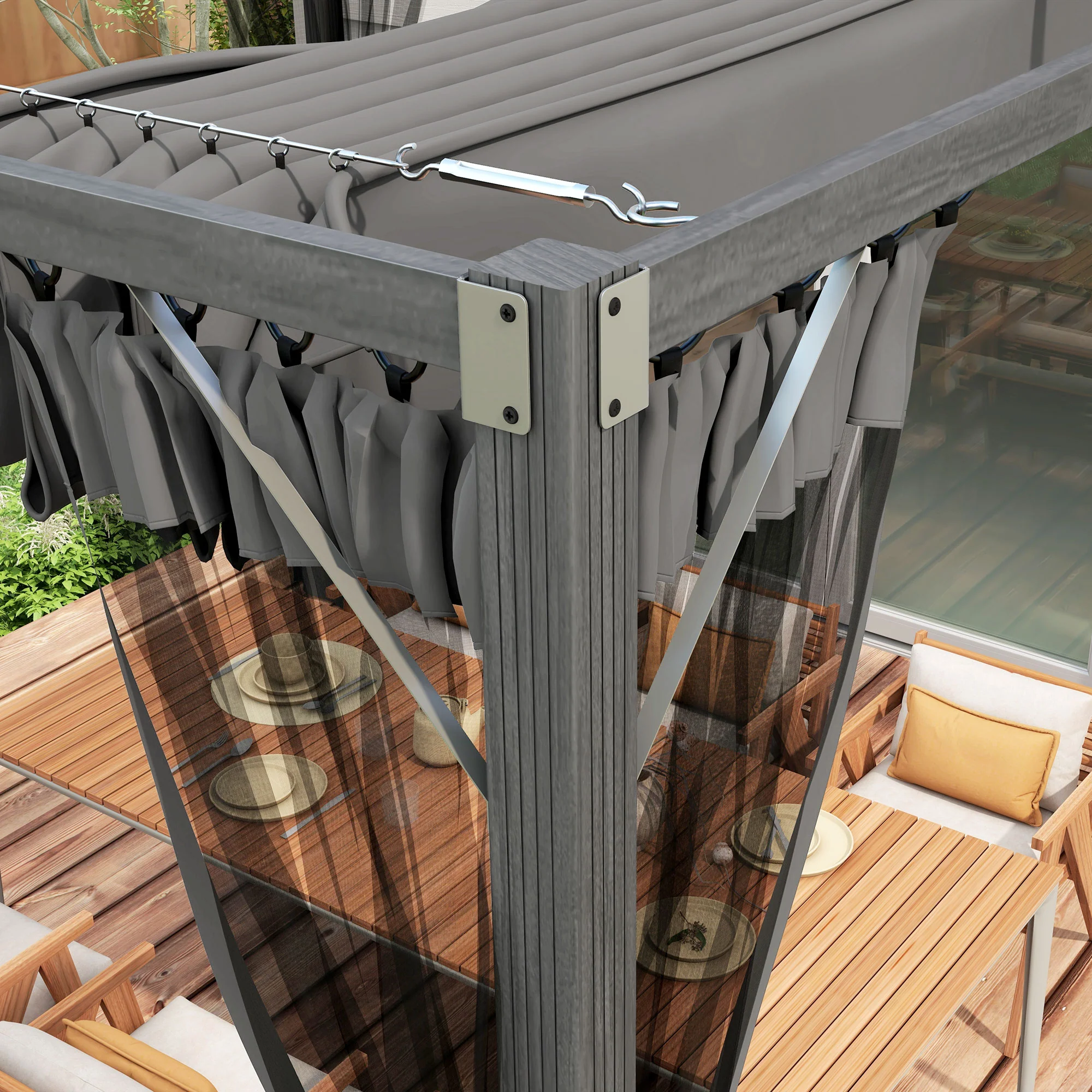 Outsunny Pergola With Retractable Roof And Netting, Dark Grey - Image 7