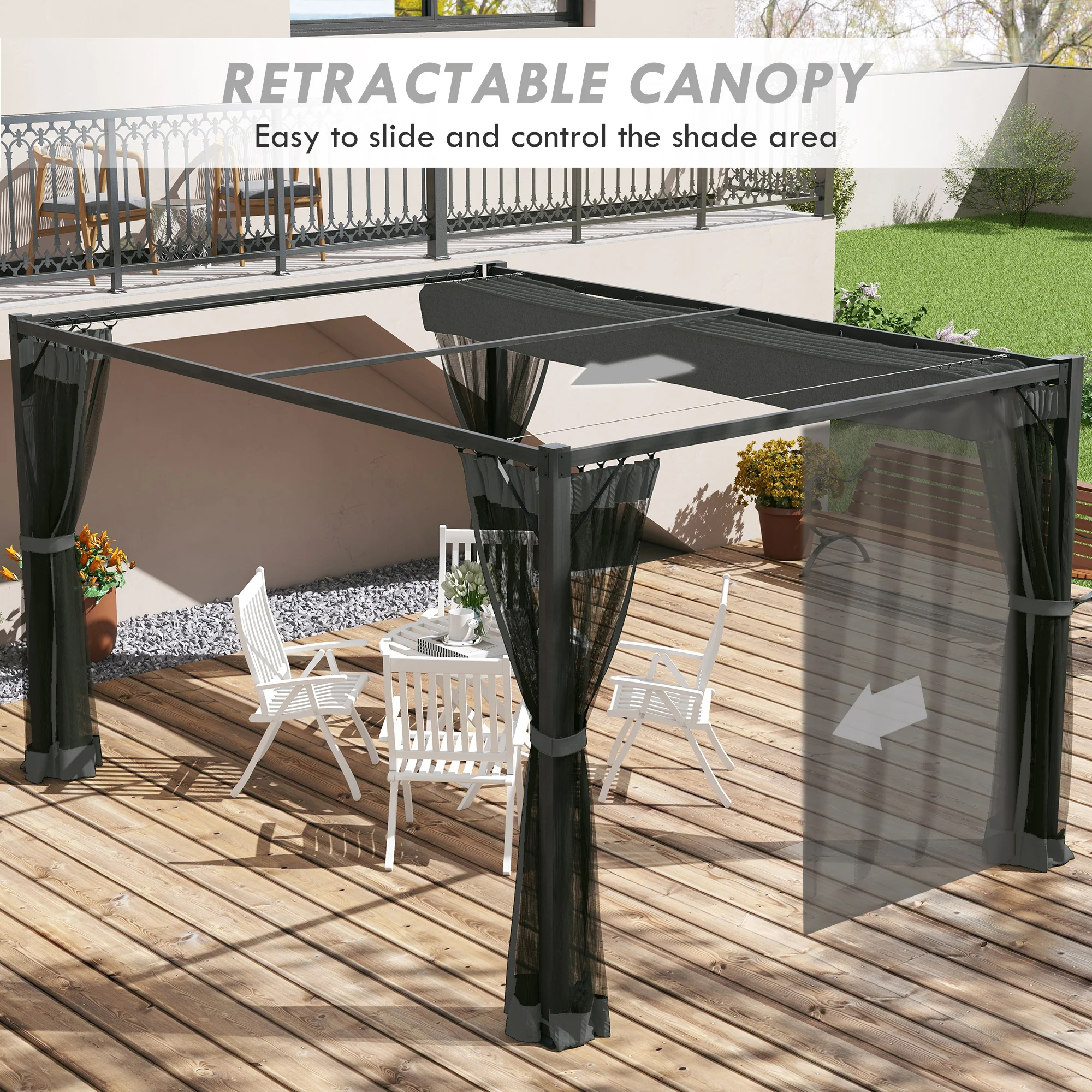 Outsunny Pergola With Retractable Roof And Netting, Dark Grey - Image 3