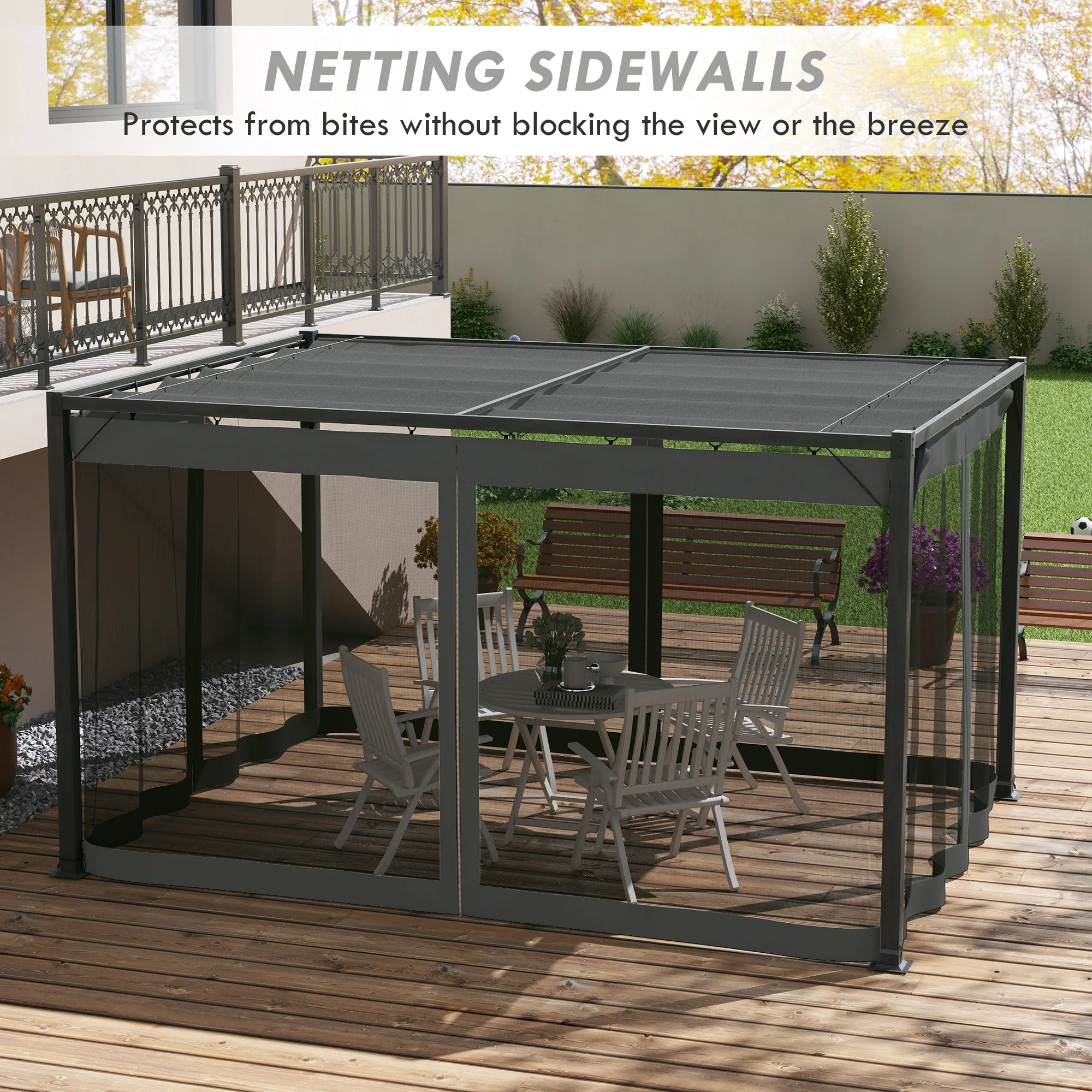 Outsunny Pergola With Retractable Roof And Netting, Dark Grey - Image 4