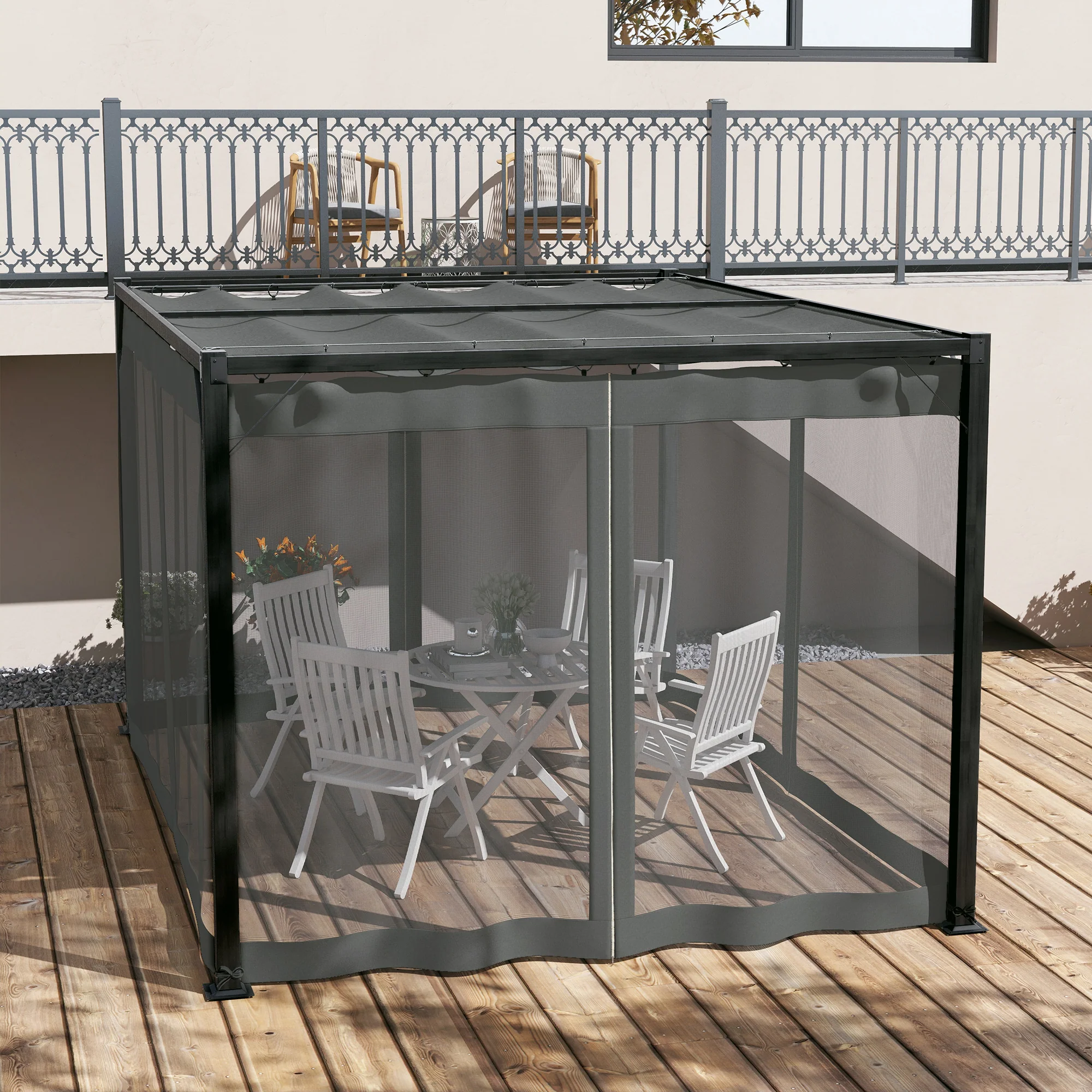 Outsunny Pergola With Retractable Roof And Netting, Dark Grey - Image 7