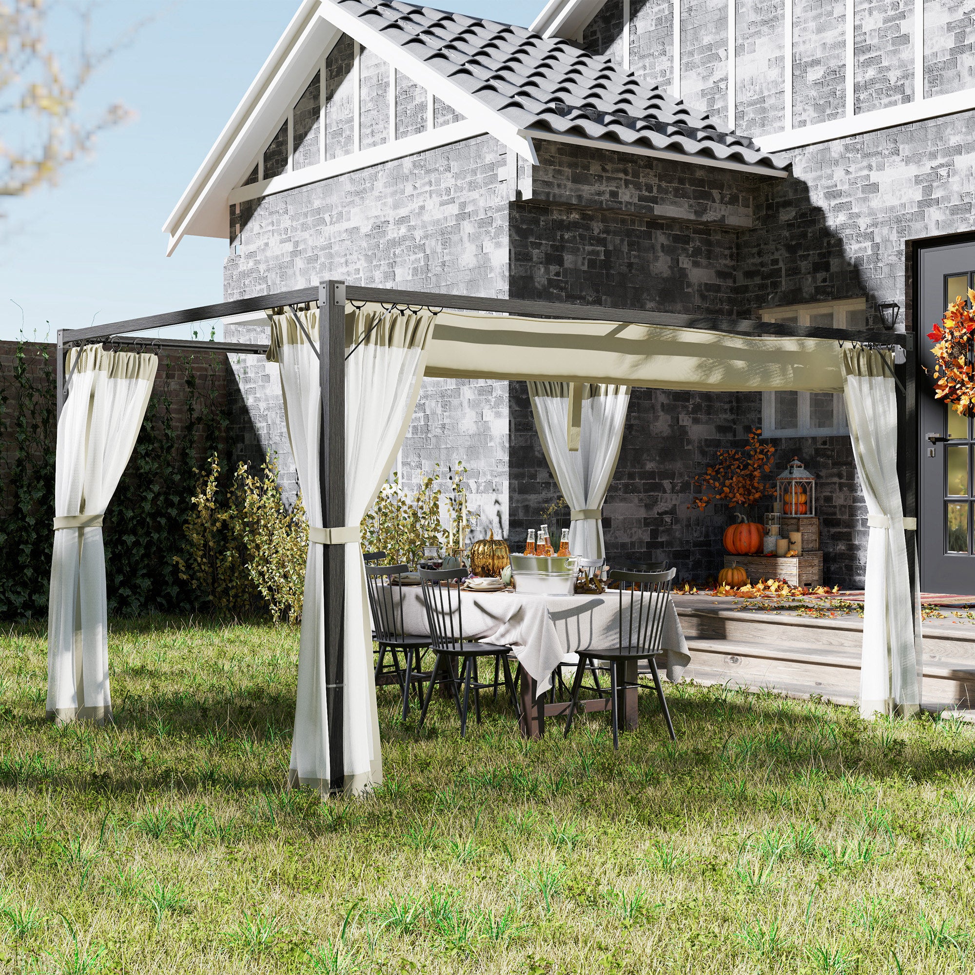 Outsunny Pergola with Retractable Roof and Netting - Khaki - Image 2