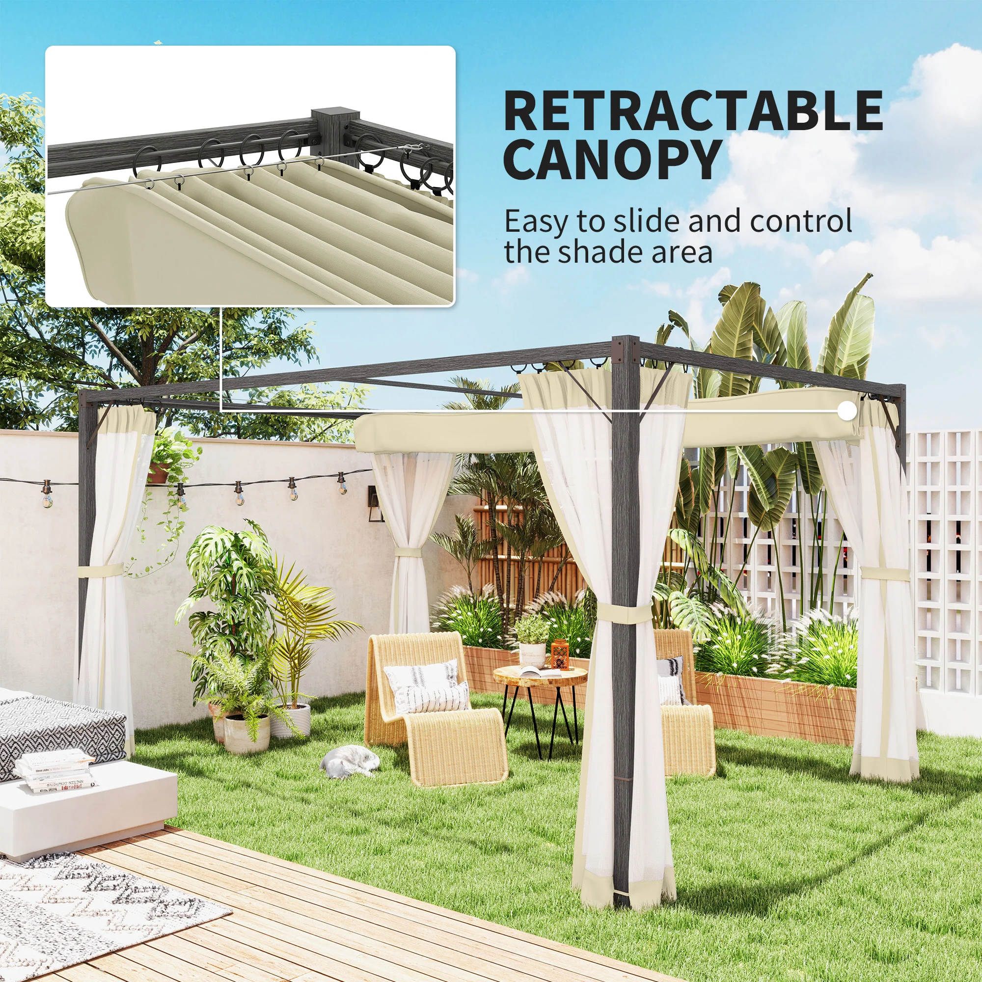 Outsunny Pergola with Retractable Roof and Netting - Khaki - Image 3