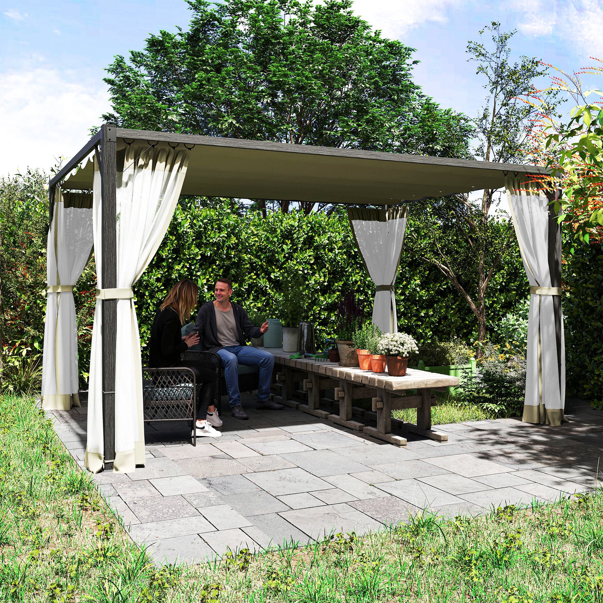 Outsunny Pergola with Retractable Roof and Netting - Khaki - Image 7