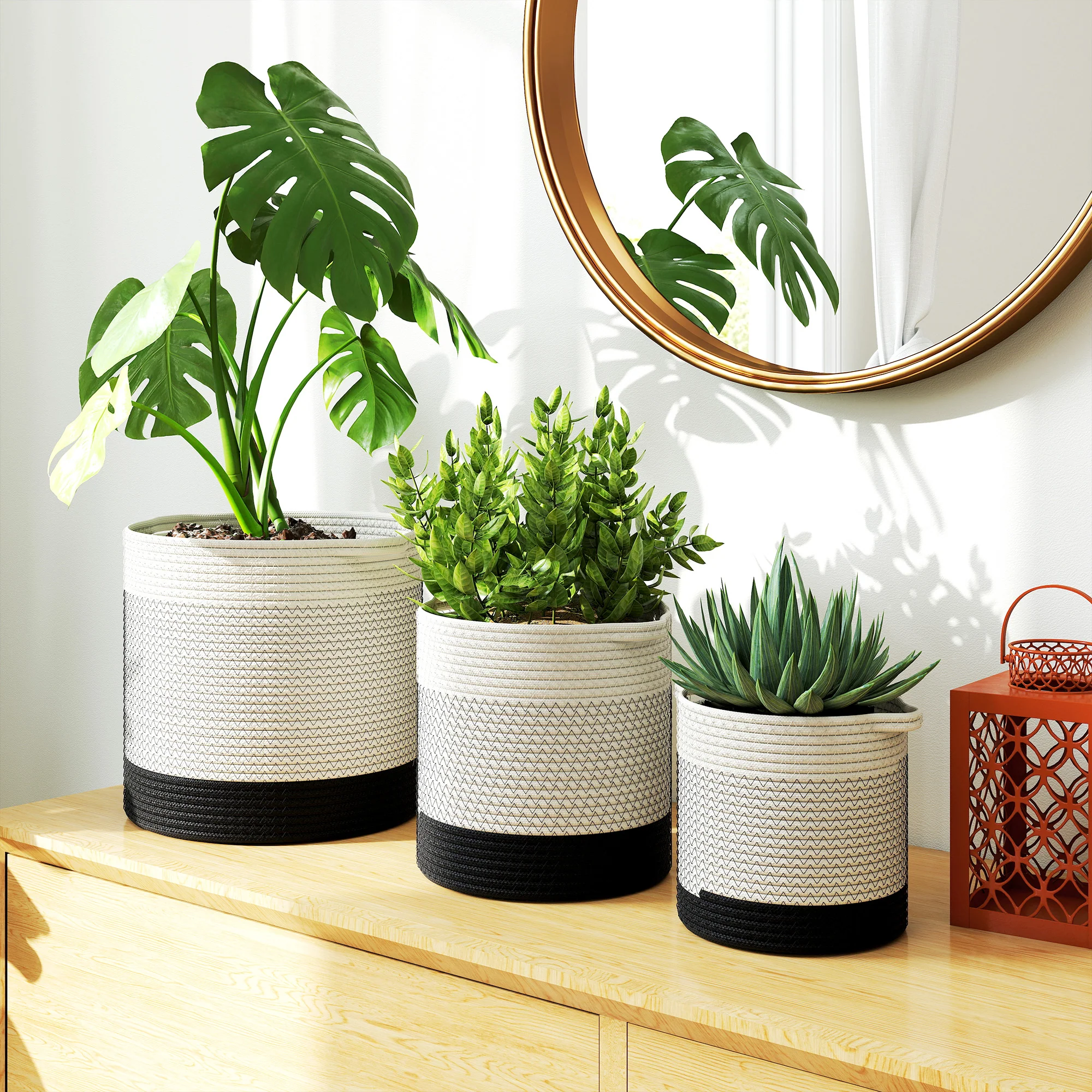 Outsunny Plant Pots Handwoven Cotton Set of 3 White - Image 7