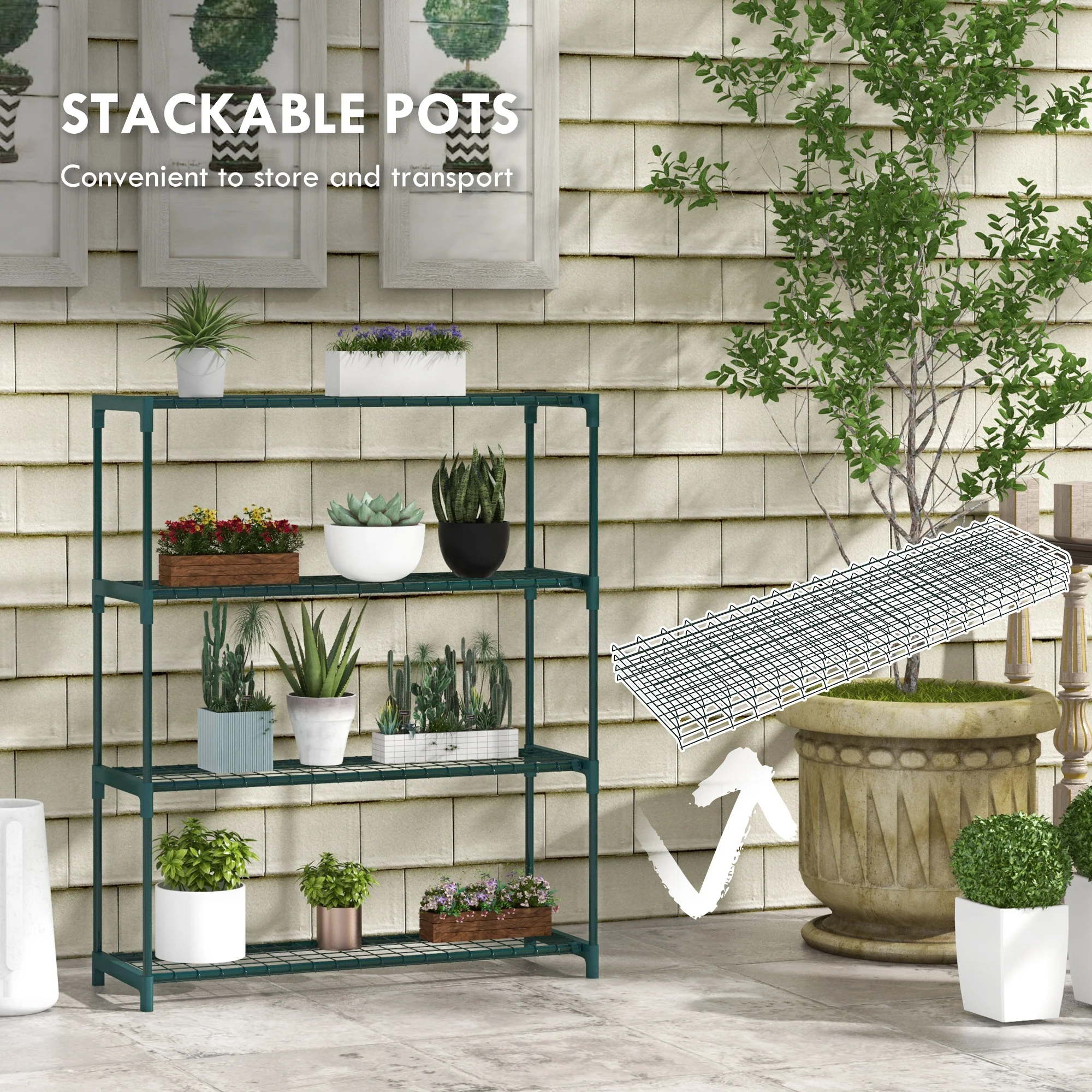 Outsunny Plant Stand, 4-Tier Planter Holder Flower Display Rack, Dark Green - Image 7