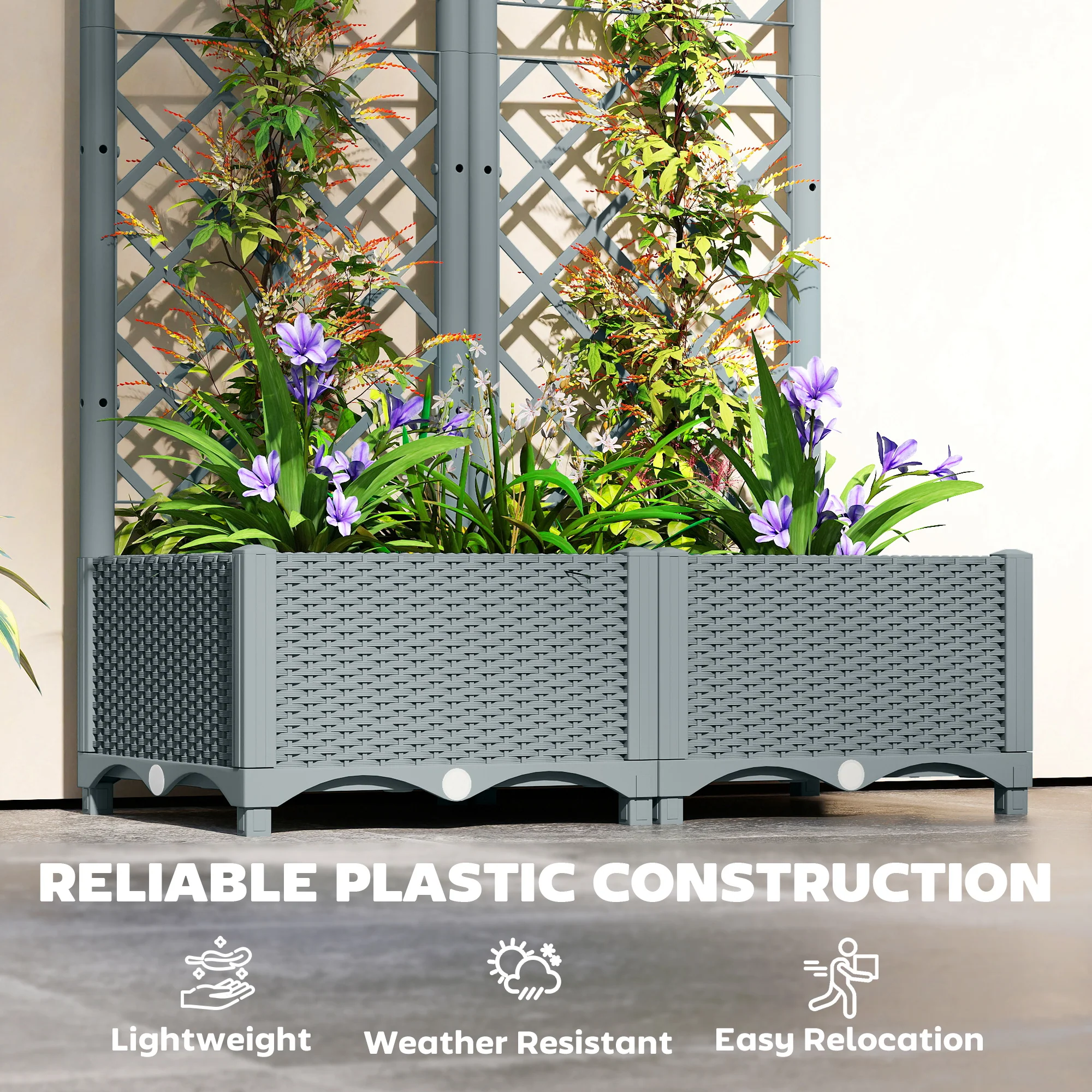 Outsunny Plastic Planter Box with Trellis, Vegetable Planter w/ Drain Plugs - Image 4