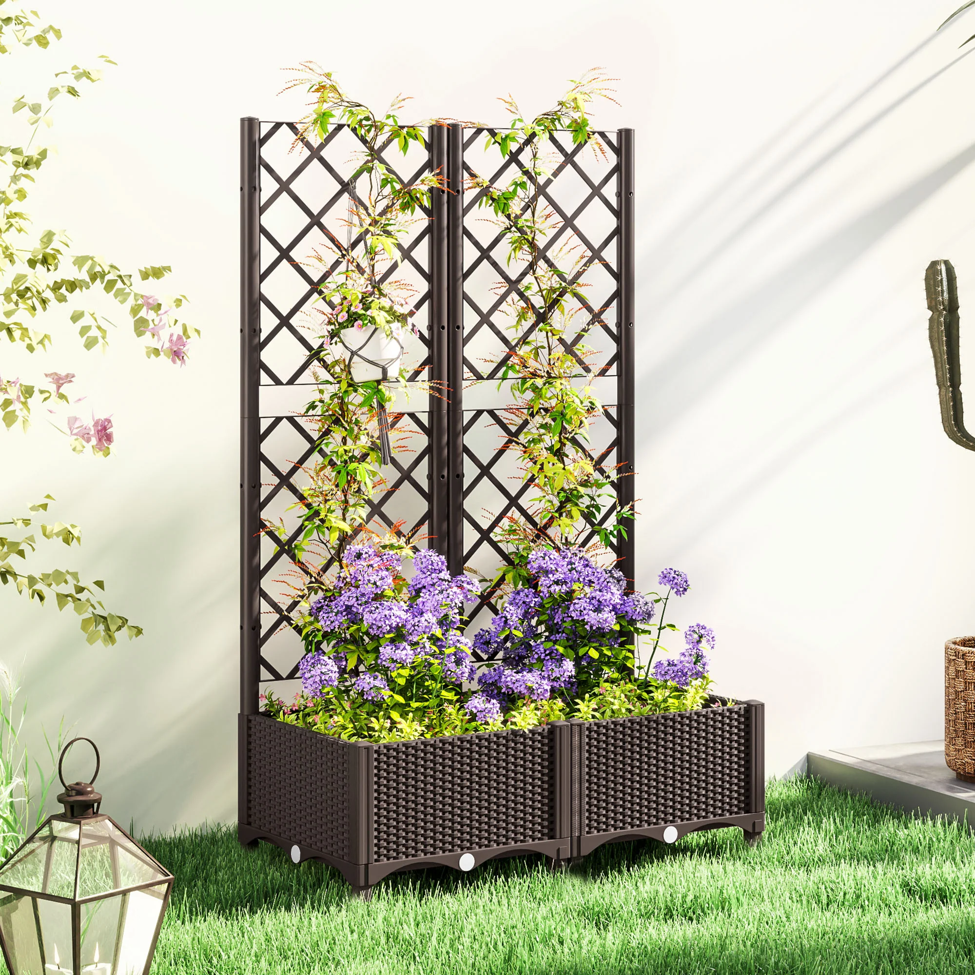 Outsunny Plastic Planter Box with Trellis, Vegetable Planter w/ Drain Plugs - Image 2