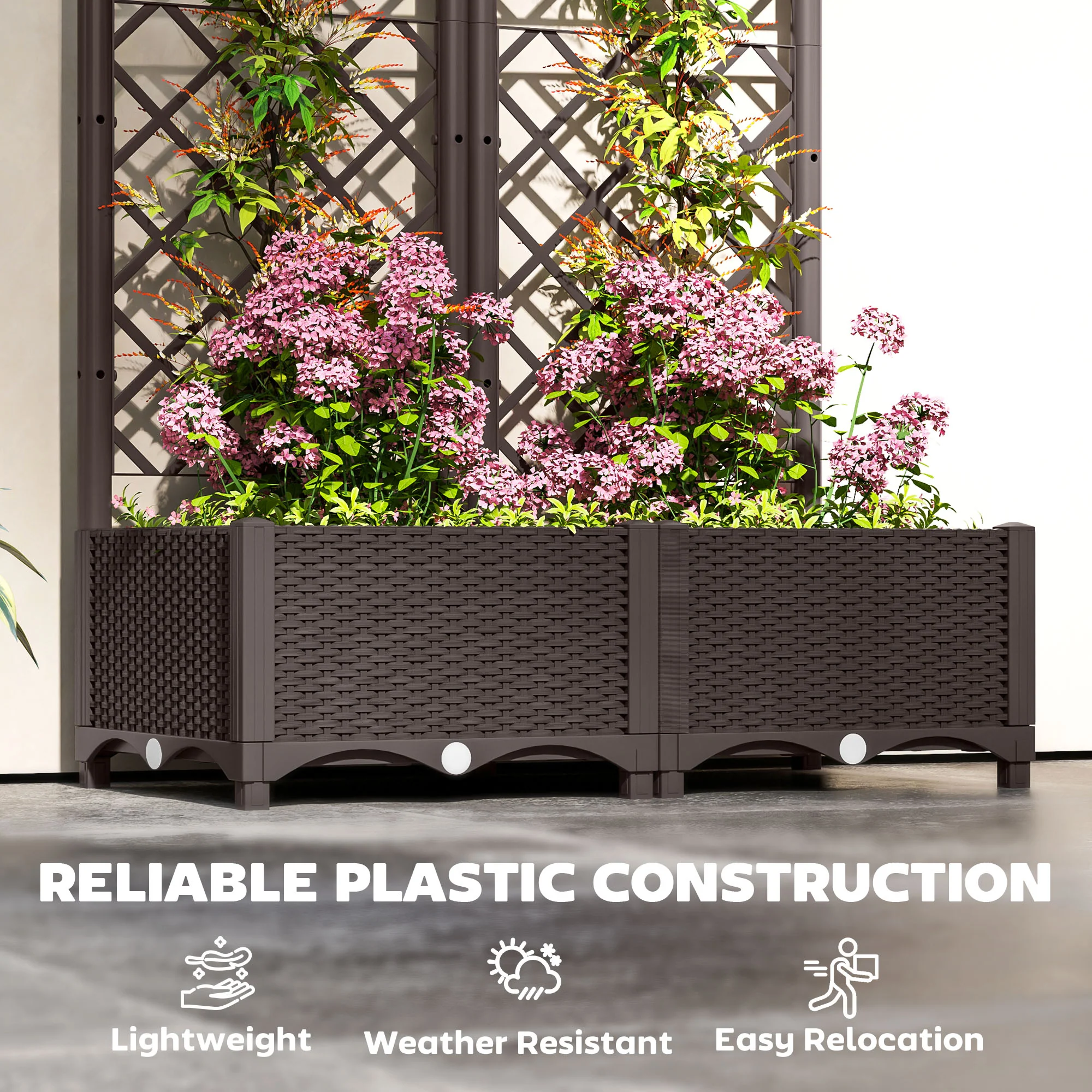 Outsunny Plastic Planter Box with Trellis, Vegetable Planter w/ Drain Plugs - Image 4
