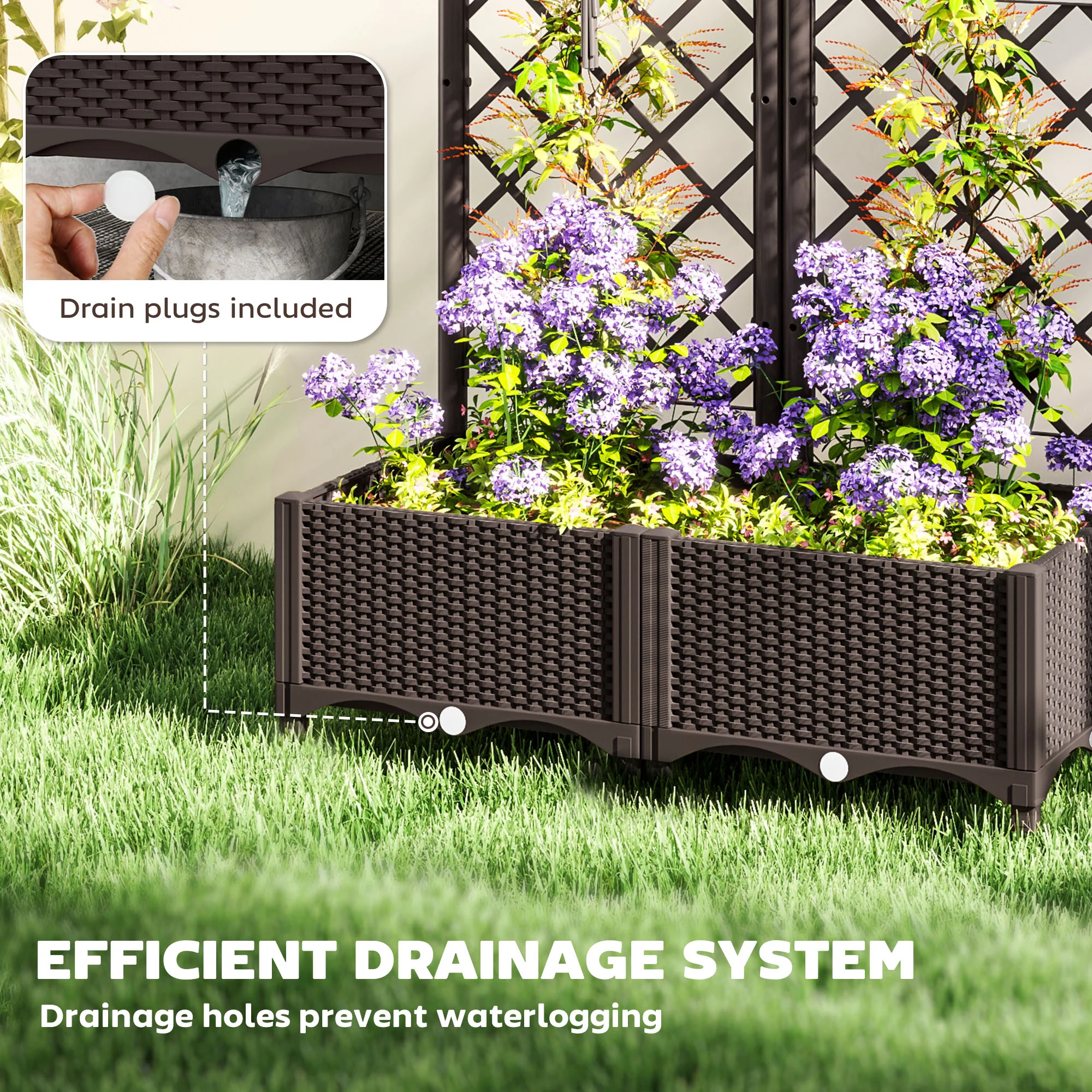 Outsunny Plastic Planter Box with Trellis, Vegetable Planter w/ Drain Plugs - Image 6