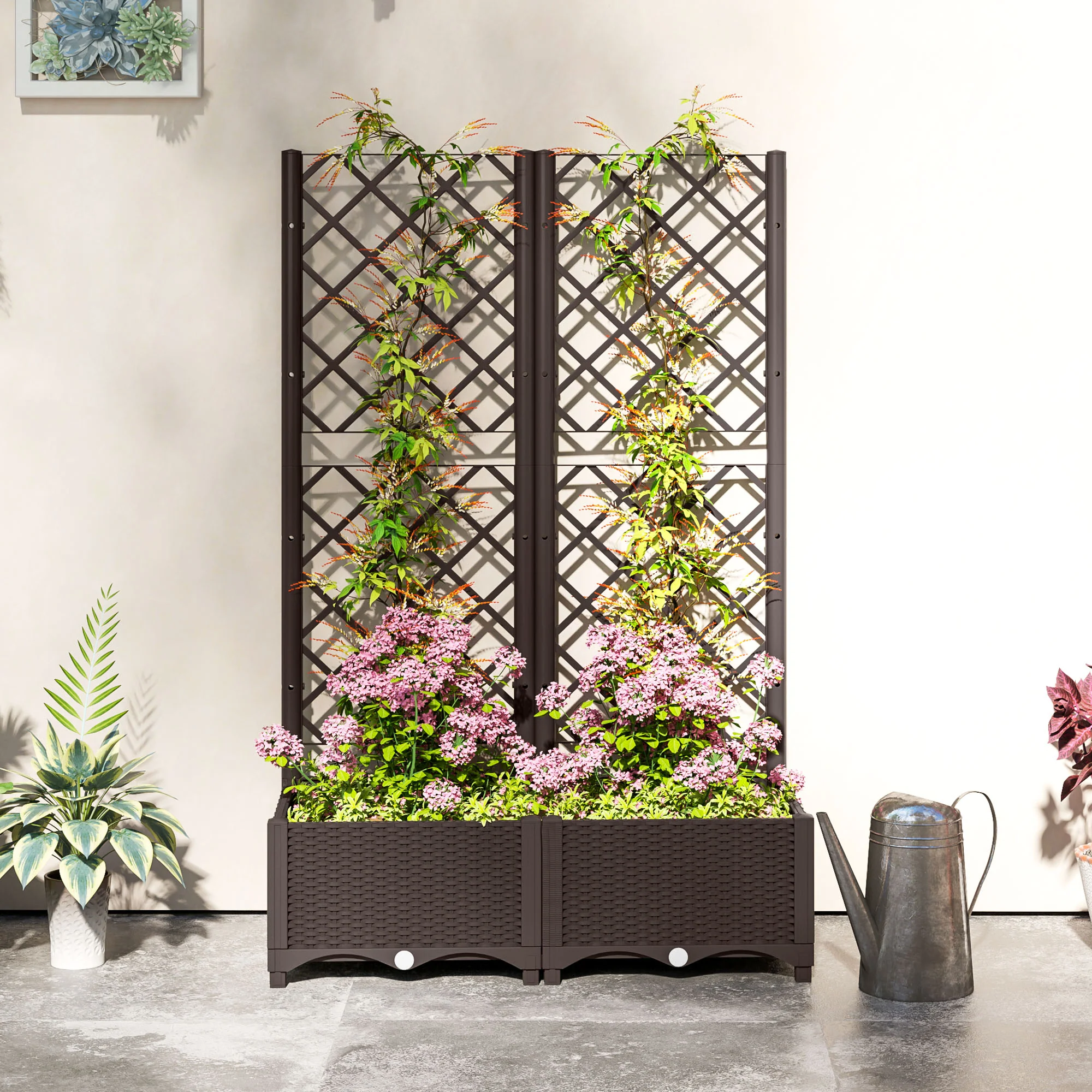 Outsunny Plastic Planter Box with Trellis, Vegetable Planter w/ Drain Plugs - Image 9