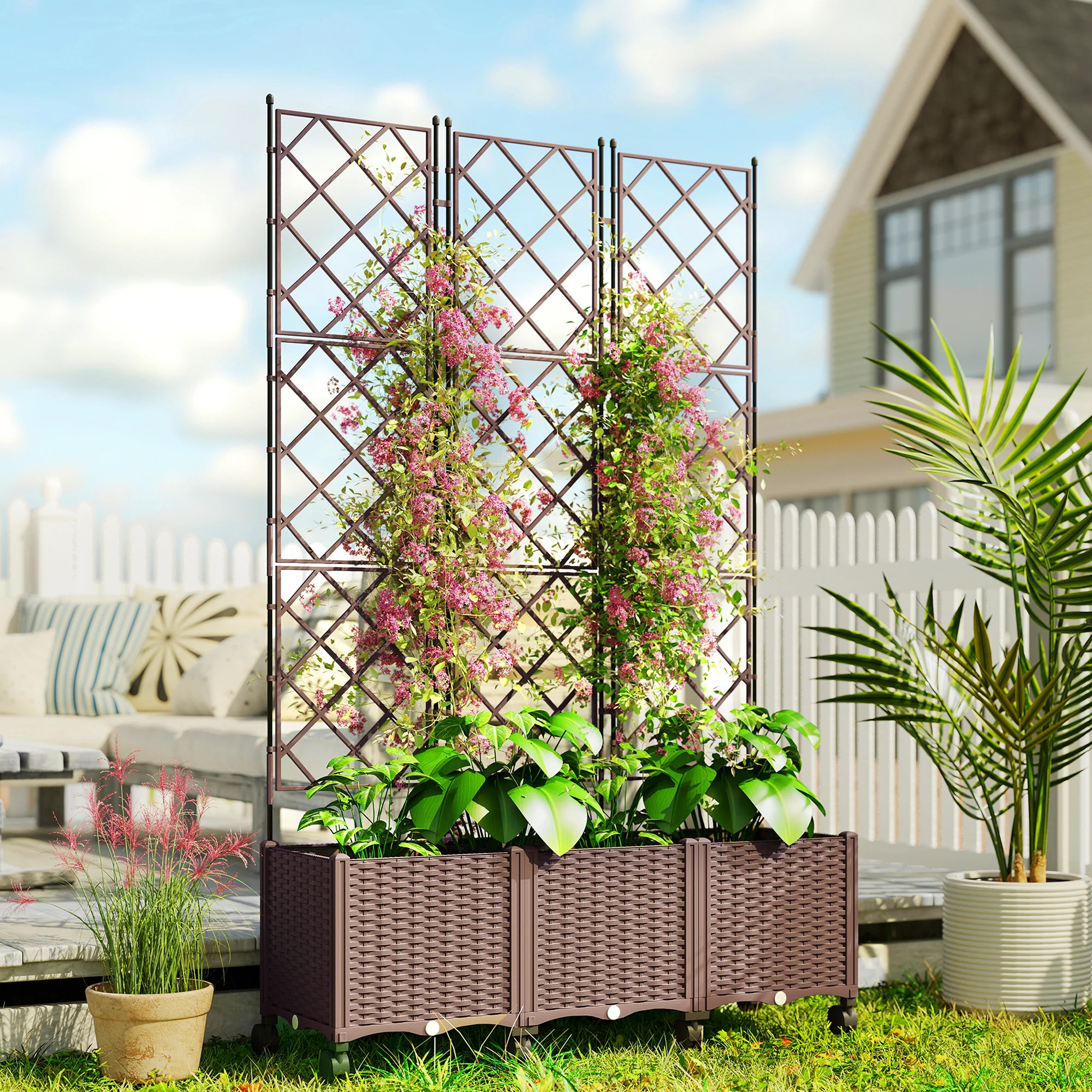 Outsunny Plastic Raised Planter with Trellis and Self Watering Design - Image 2
