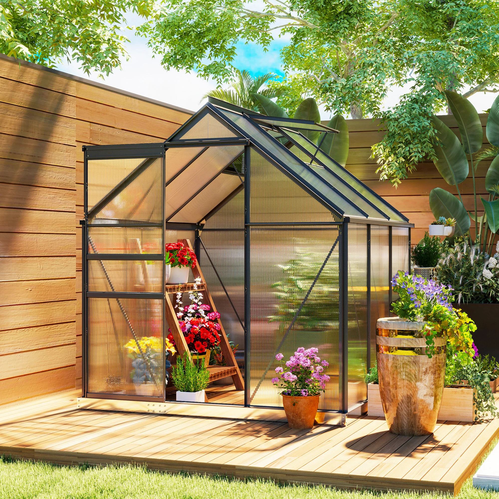 Outsunny Polycarbonate Walk-in Garden Greenhouse w/ Sliding Door - Image 2
