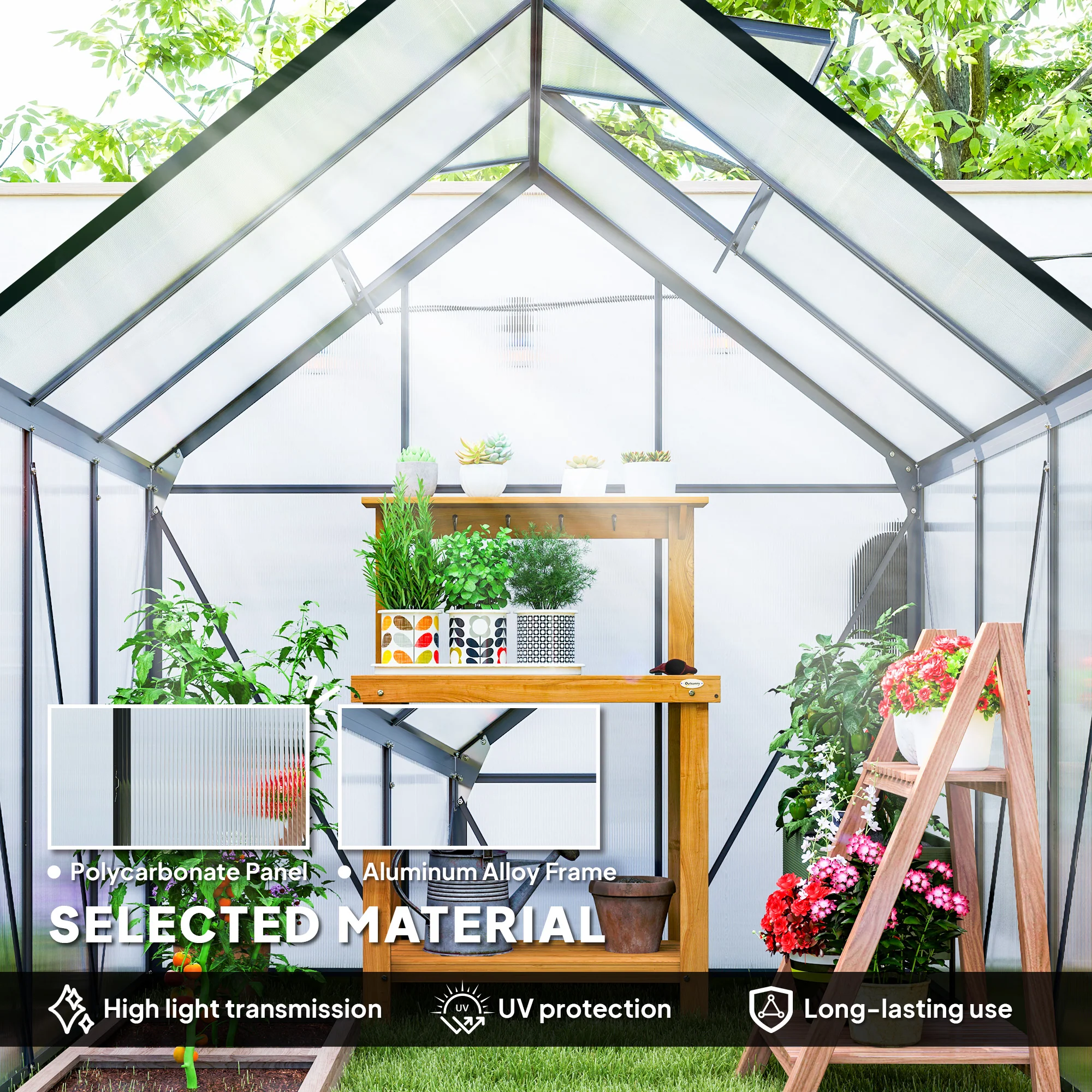 Outsunny Polycarbonate Walk-in Garden Greenhouse w/ Sliding Door - Image 3
