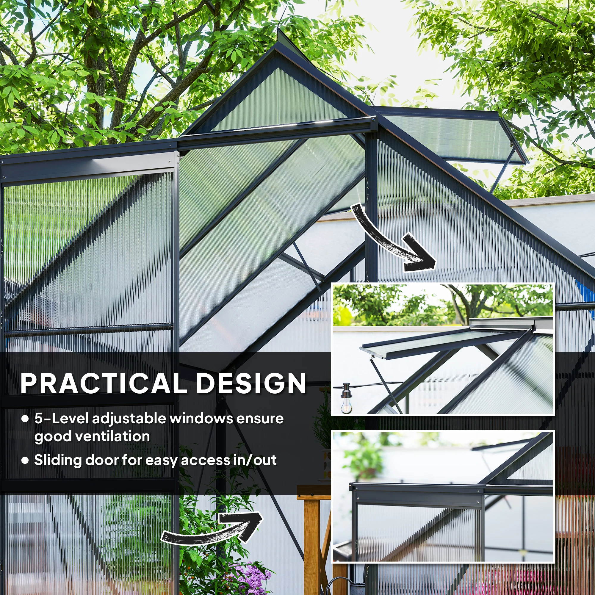 Outsunny Polycarbonate Walk-in Garden Greenhouse w/ Sliding Door - Image 4