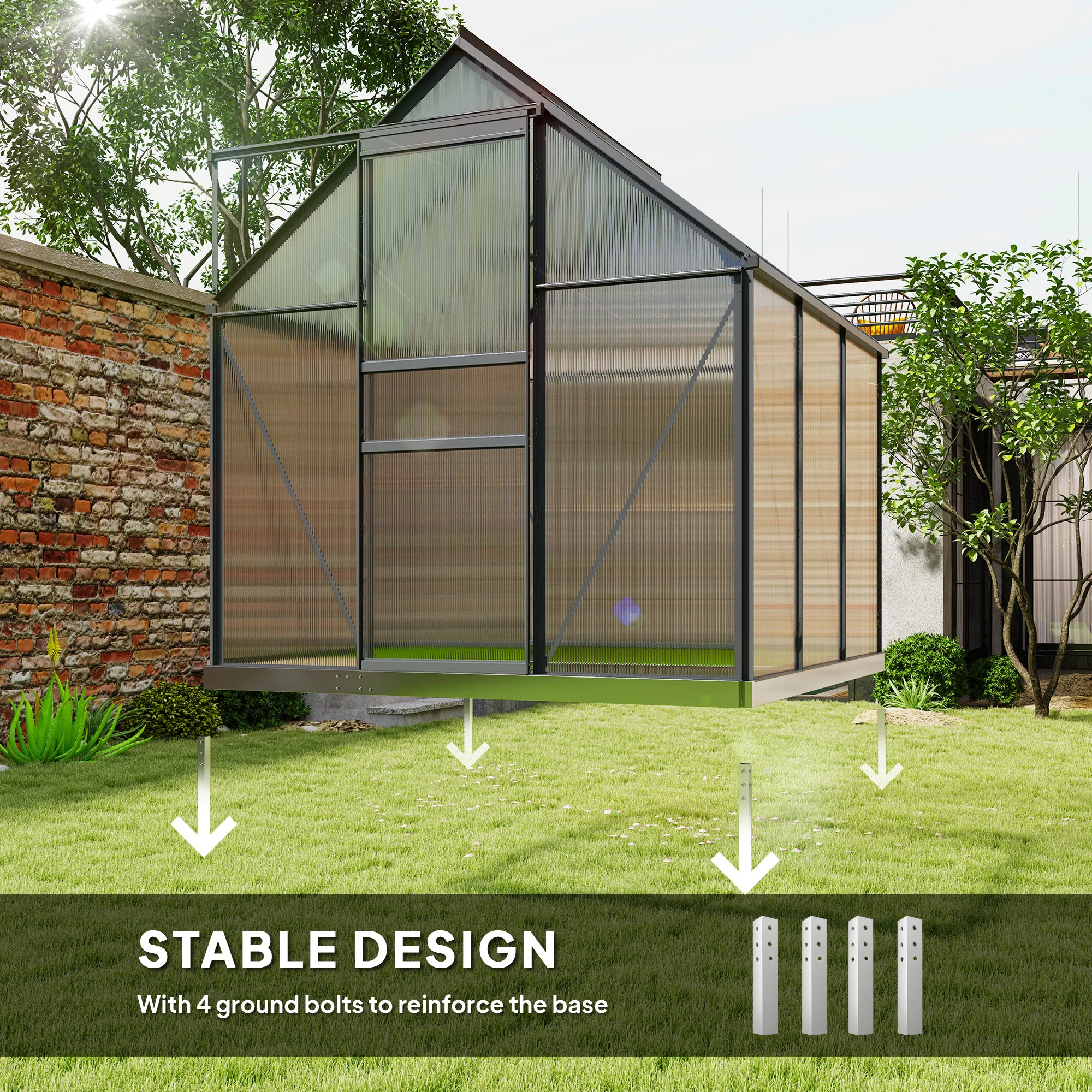 Outsunny Polycarbonate Walk-in Garden Greenhouse w/ Sliding Door - Image 6