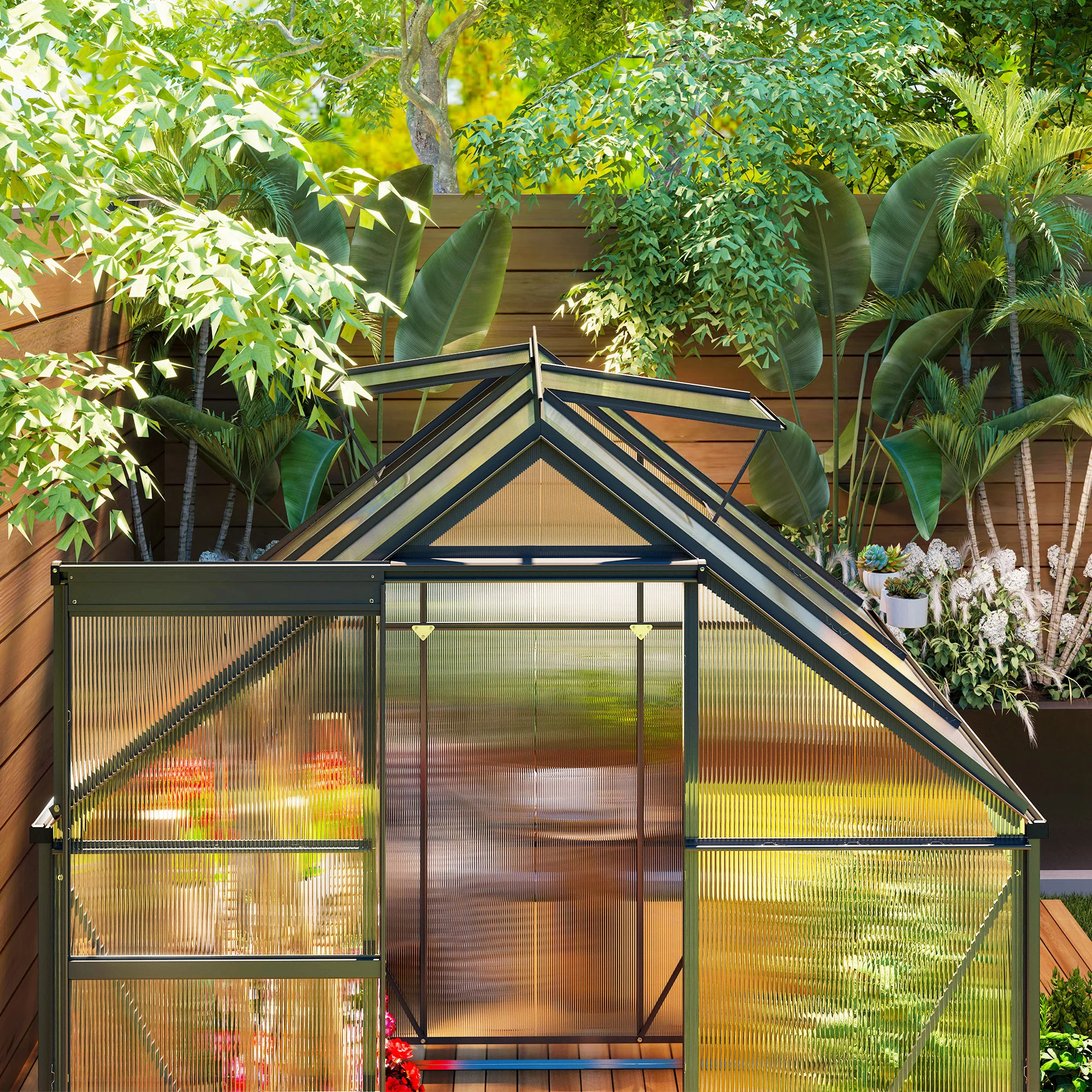 Outsunny Polycarbonate Walk-in Garden Greenhouse w/ Sliding Door - Image 8