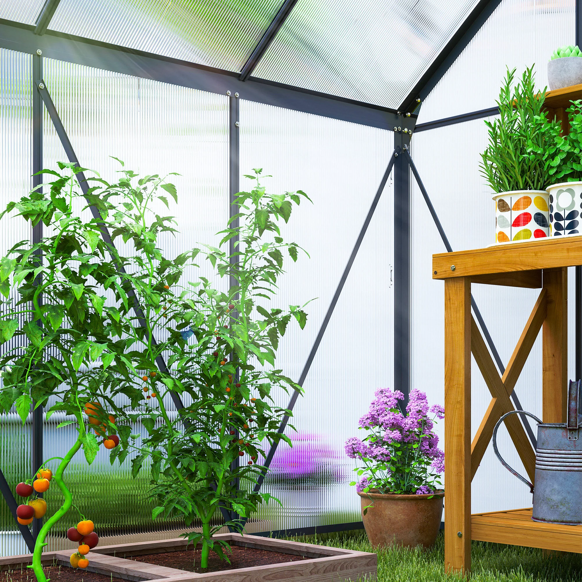 Outsunny Polycarbonate Walk-in Garden Greenhouse w/ Sliding Door - Image 9
