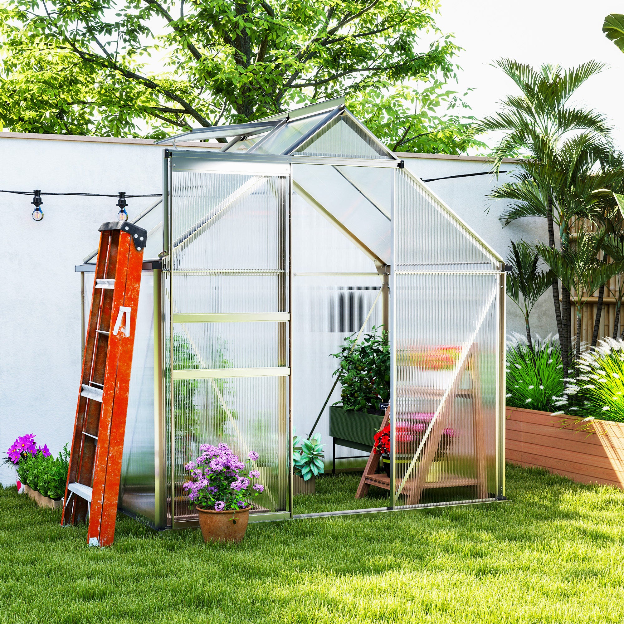 Outsunny Polycarbonate Walk-in Garden Greenhouse W/ Sliding Door - Image 11
