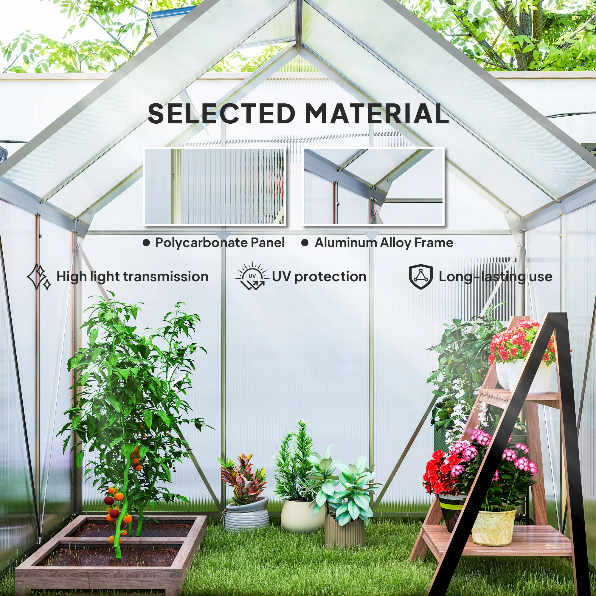 Outsunny Polycarbonate Walk-in Garden Greenhouse W/ Sliding Door - Image 12