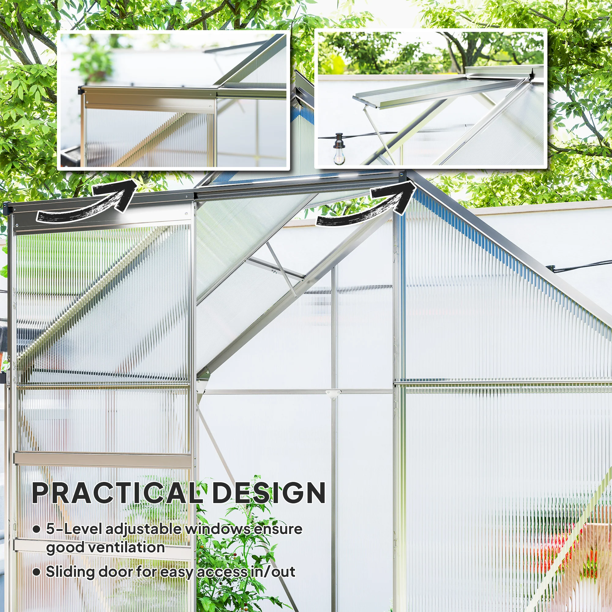 Outsunny Polycarbonate Walk-in Garden Greenhouse W/ Sliding Door - Image 13