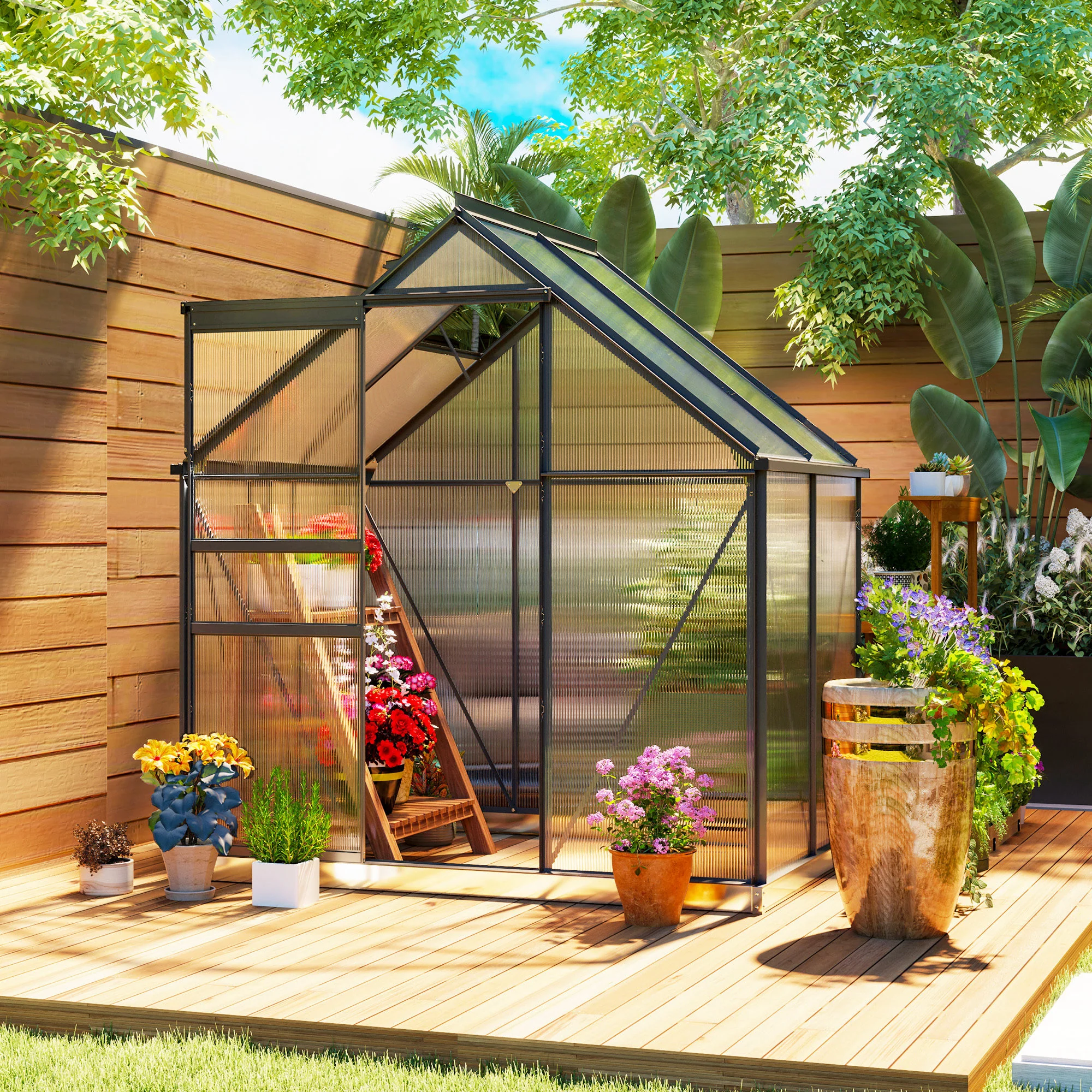 Outsunny Polycarbonate Walk-in Garden Greenhouse W/ Sliding Door - Image 2