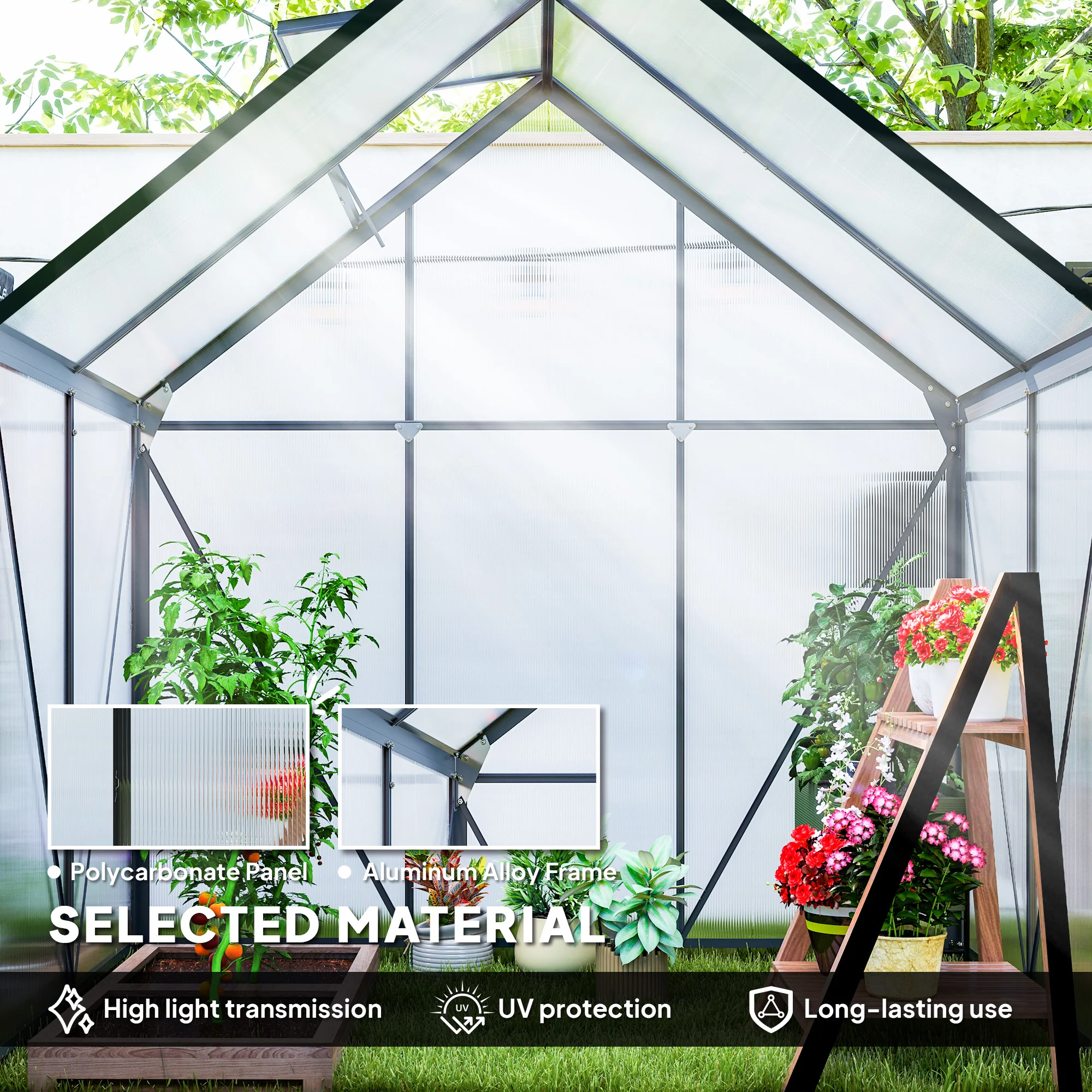 Outsunny Polycarbonate Walk-in Garden Greenhouse W/ Sliding Door - Image 3